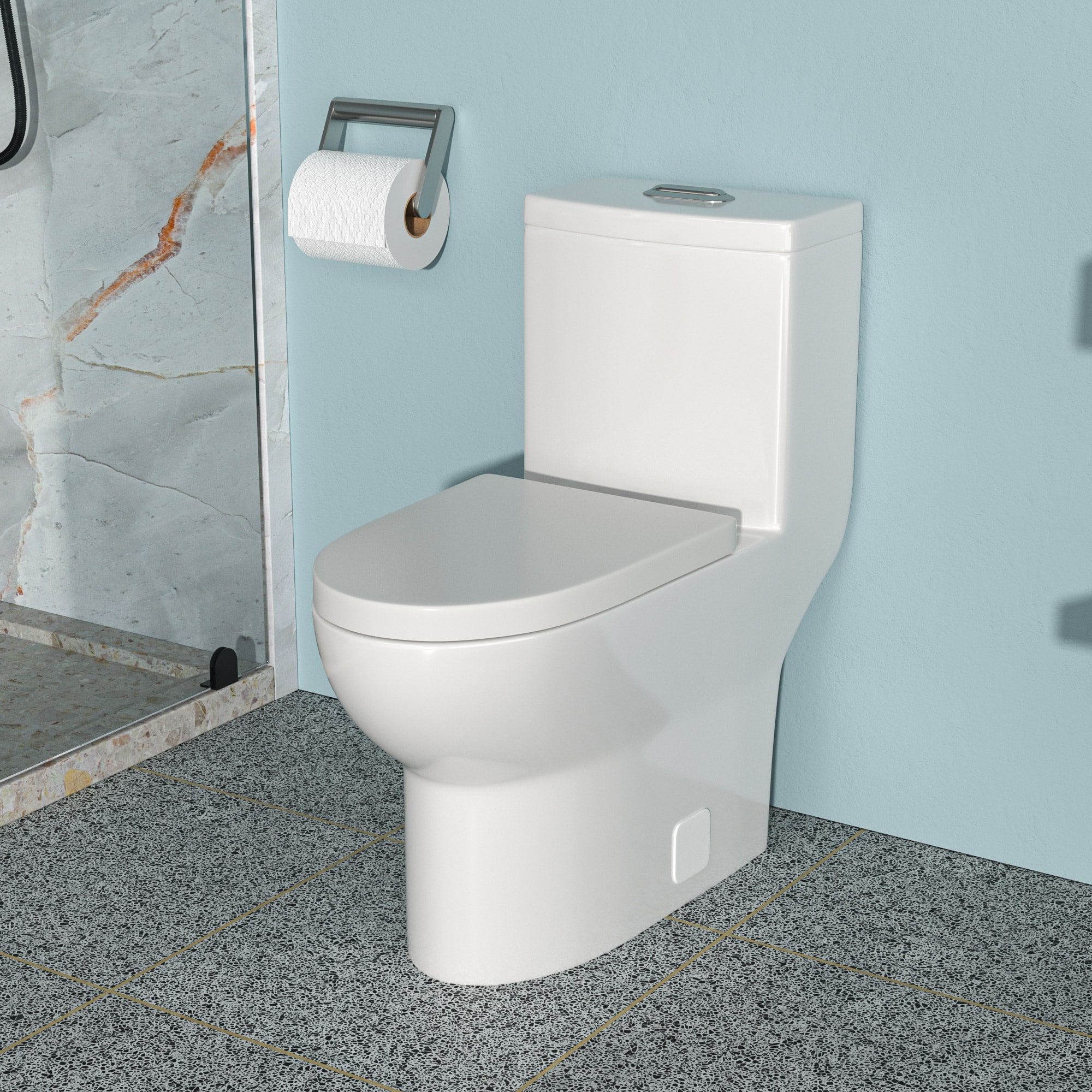 Vynxaria - Soft Close 1-piece Toilet Skirted Tornado Flush Elongated Comfort Height 1.1/1.6 GPF D...