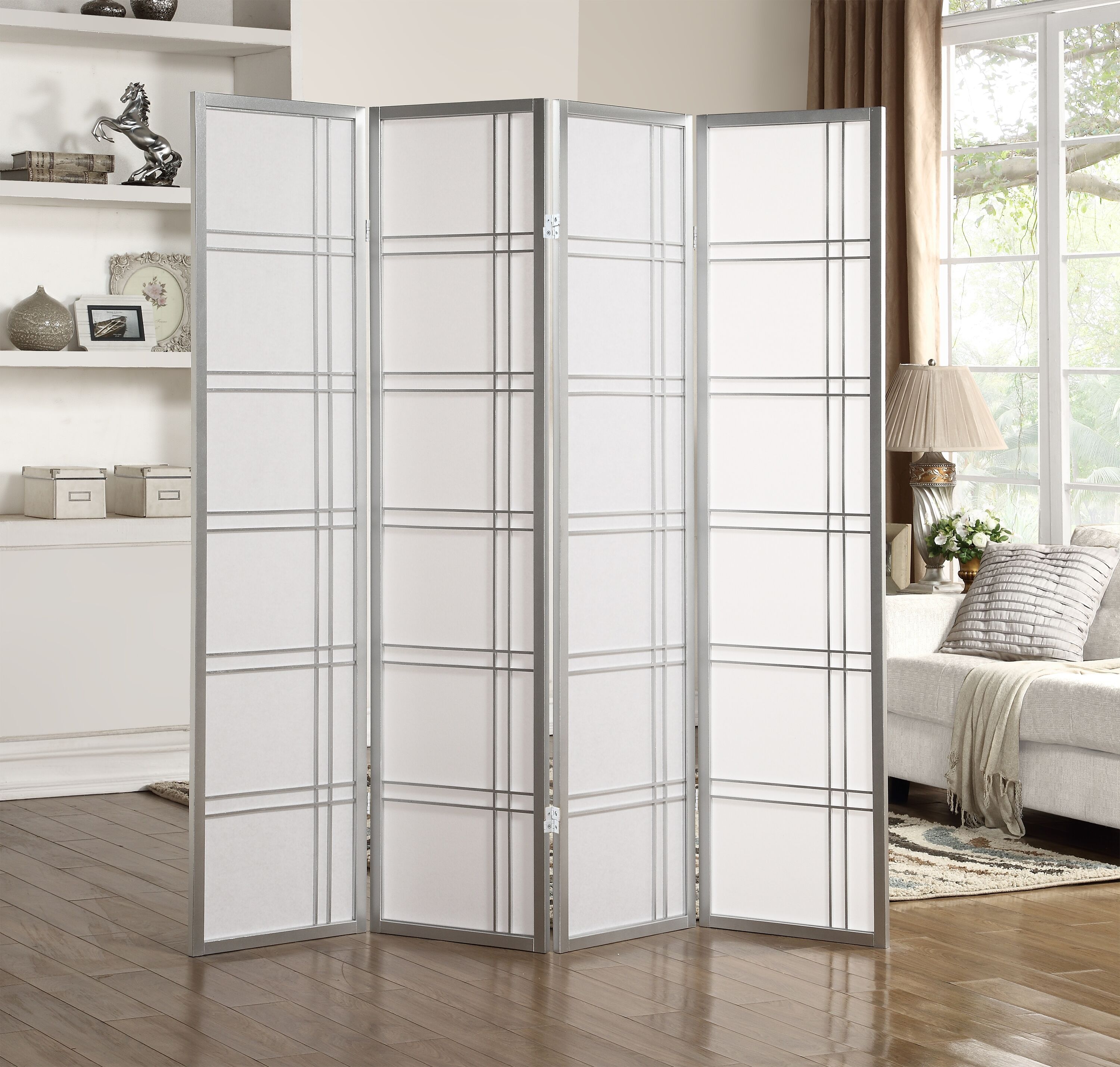 Roundhill Furniture RD042SL Seto 4 -Panel Silver Fabric Folding Contemporary/Modern Style Room Divider