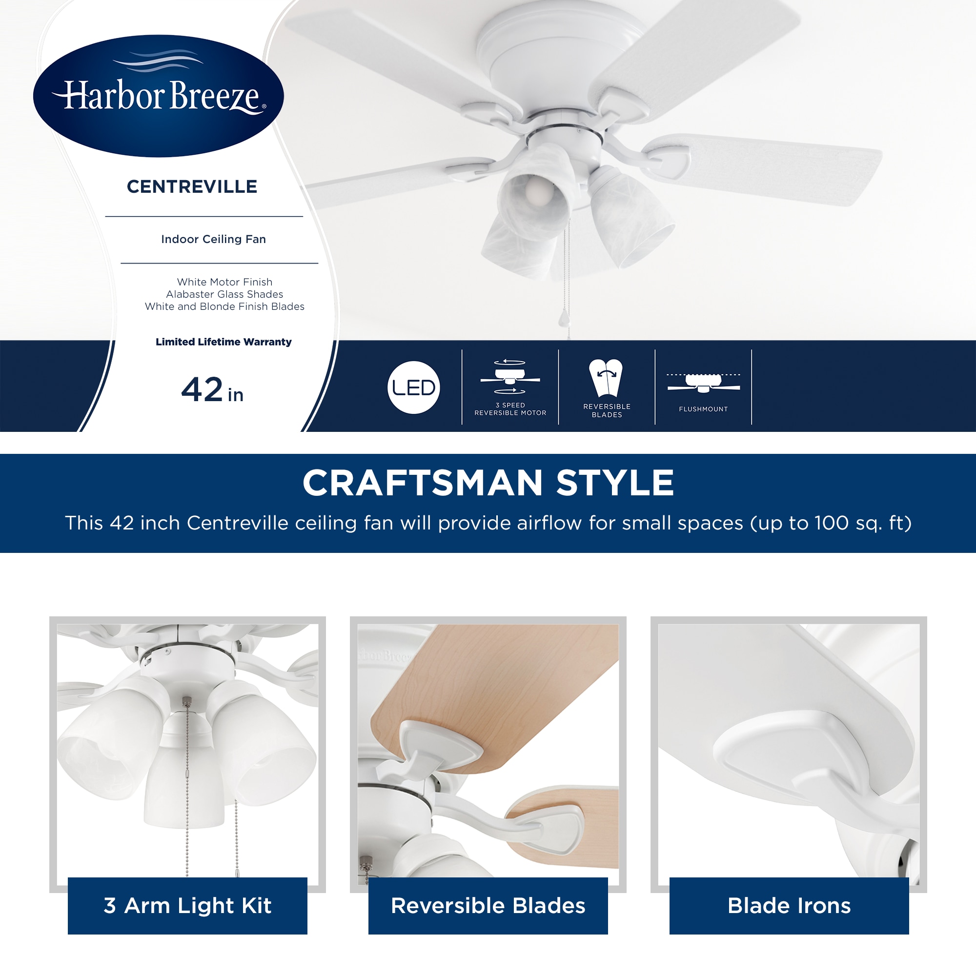 Harbor Breeze Centreville 42-in White Indoor Flush Mount Ceiling Fan with good Light