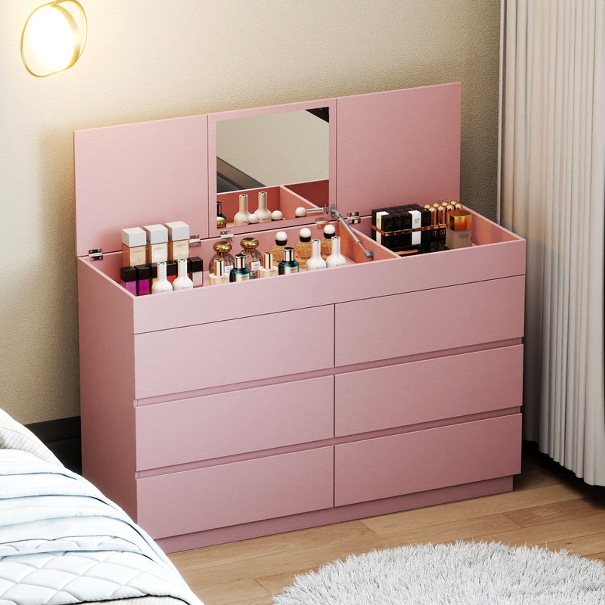 Winado  Pink Embossed 6 Drawer Dresser with Mirror P2 12MM Particleboard with Melamine 47.22 inch W