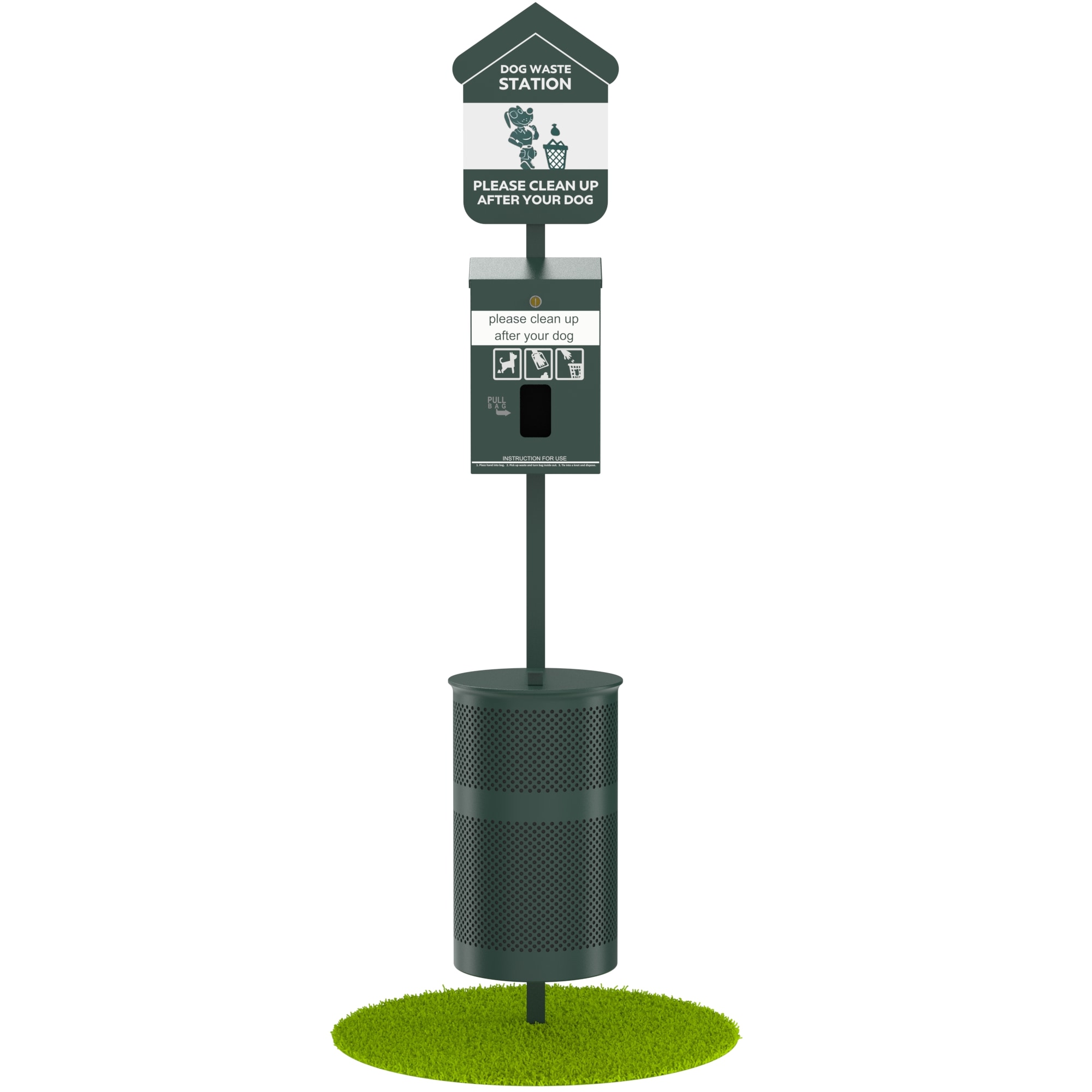 Furloo  Outdoor Pet Waste Station Kit with Header Bag Locking Dispenser and 11.5 Gallon Round Lidded Dog Waste Trash Can with Pole and Glow-in-the-Dark Sign
