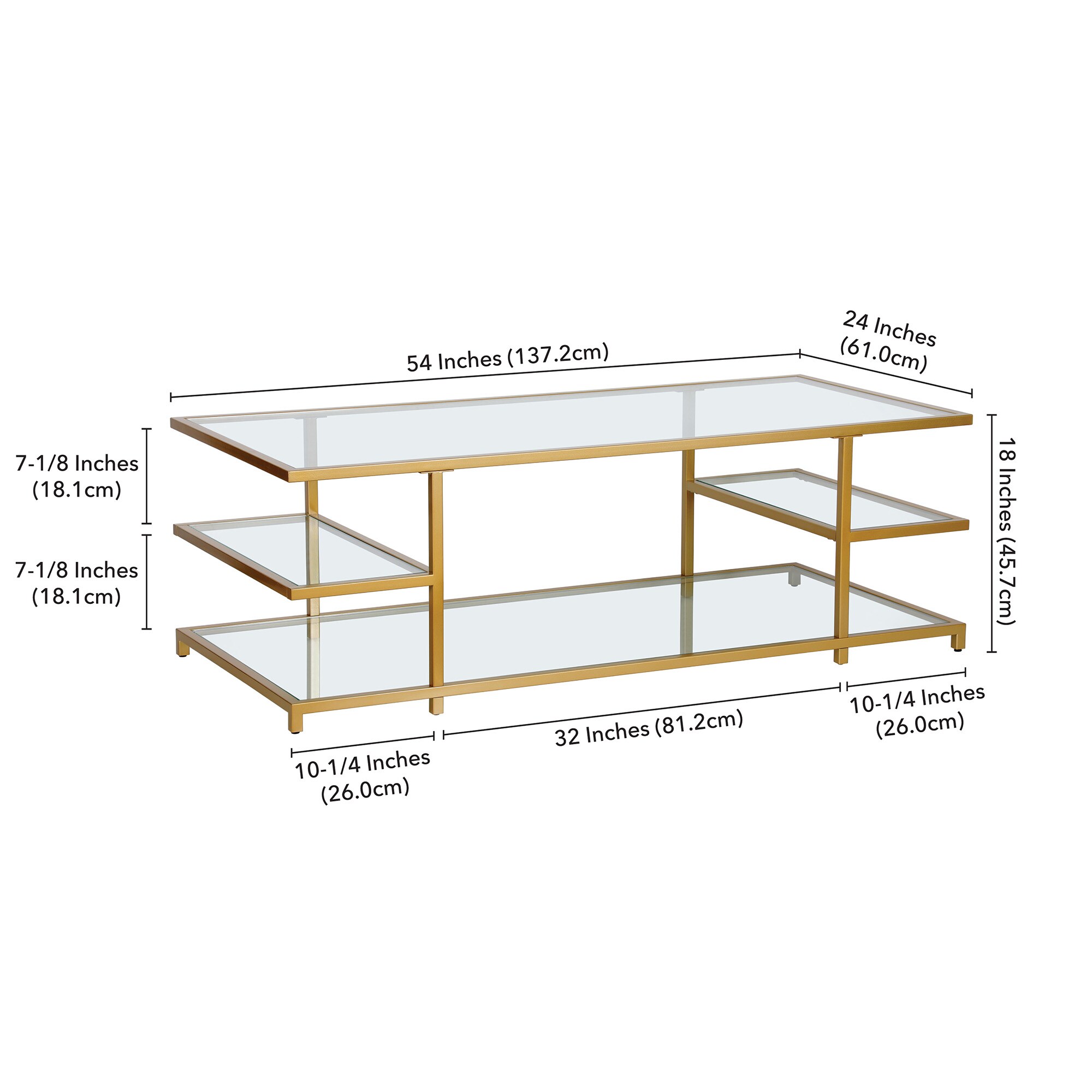 Greenwich 54'' Brass and Glass Modern Coffee Table