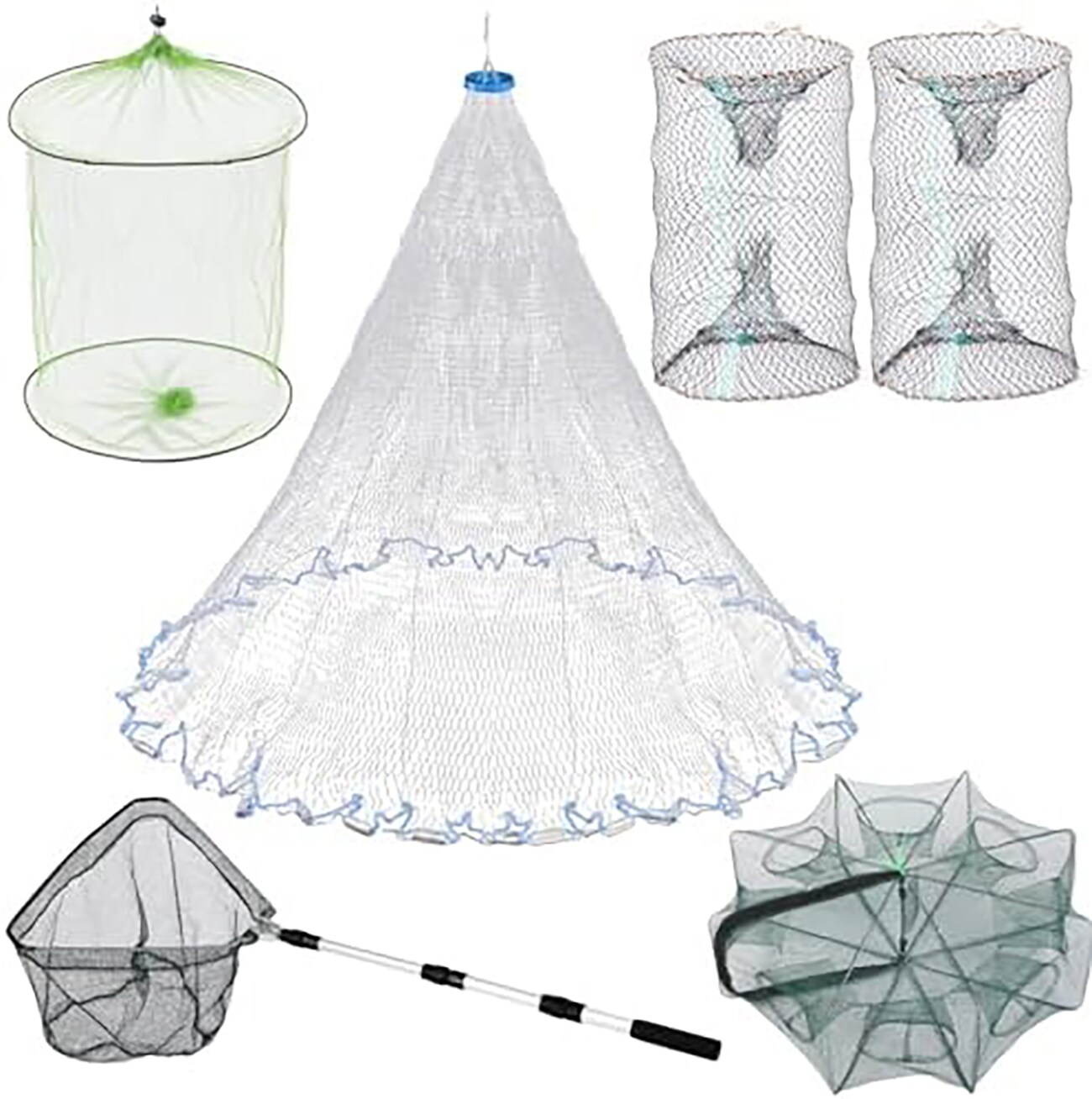 Etokfoks  6 piece fishing gear set with foldable trap minnow traps telescoping landing net casting net bait trap and storage bucket