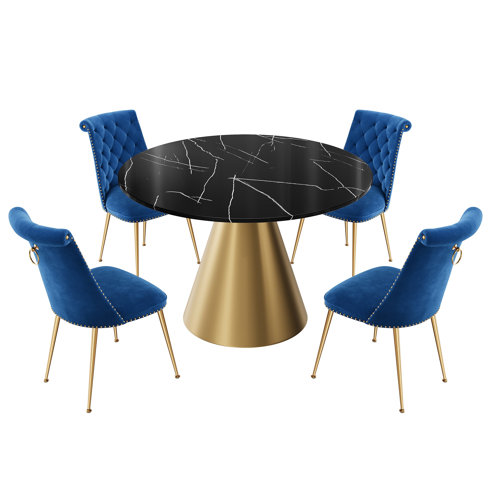 Clihome CL-RT3-BBKBG703NY Navy Chair/Black Table Contemporary/Modern Dining Room Set with Round Table ( Seats 4 )