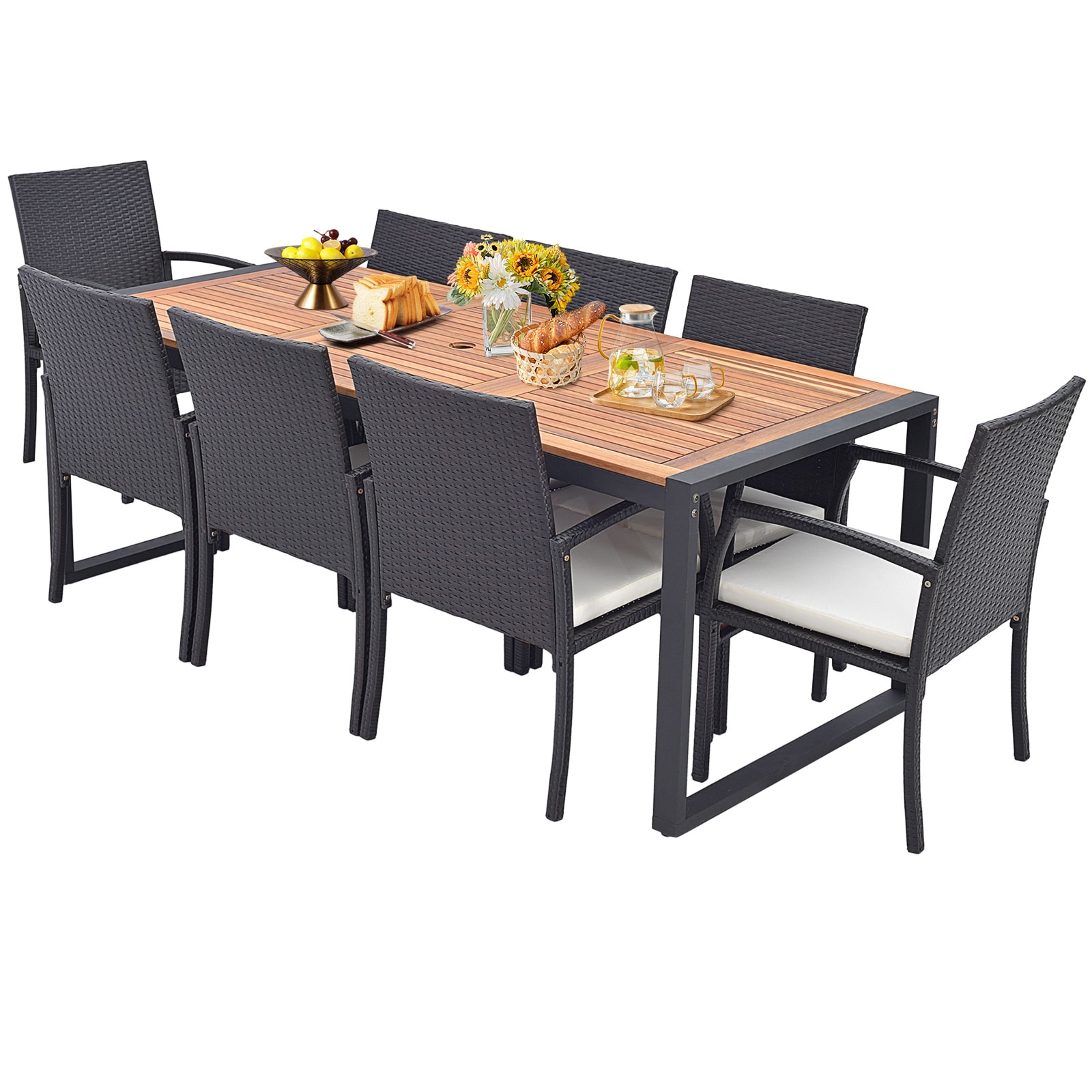  OD1083042HW Patio Dining Sets 9 -Piece Mix Brown Rattan Patio Dining Set Wood Rectangle Table with 8 Off-white Cushions Stationary Chairs