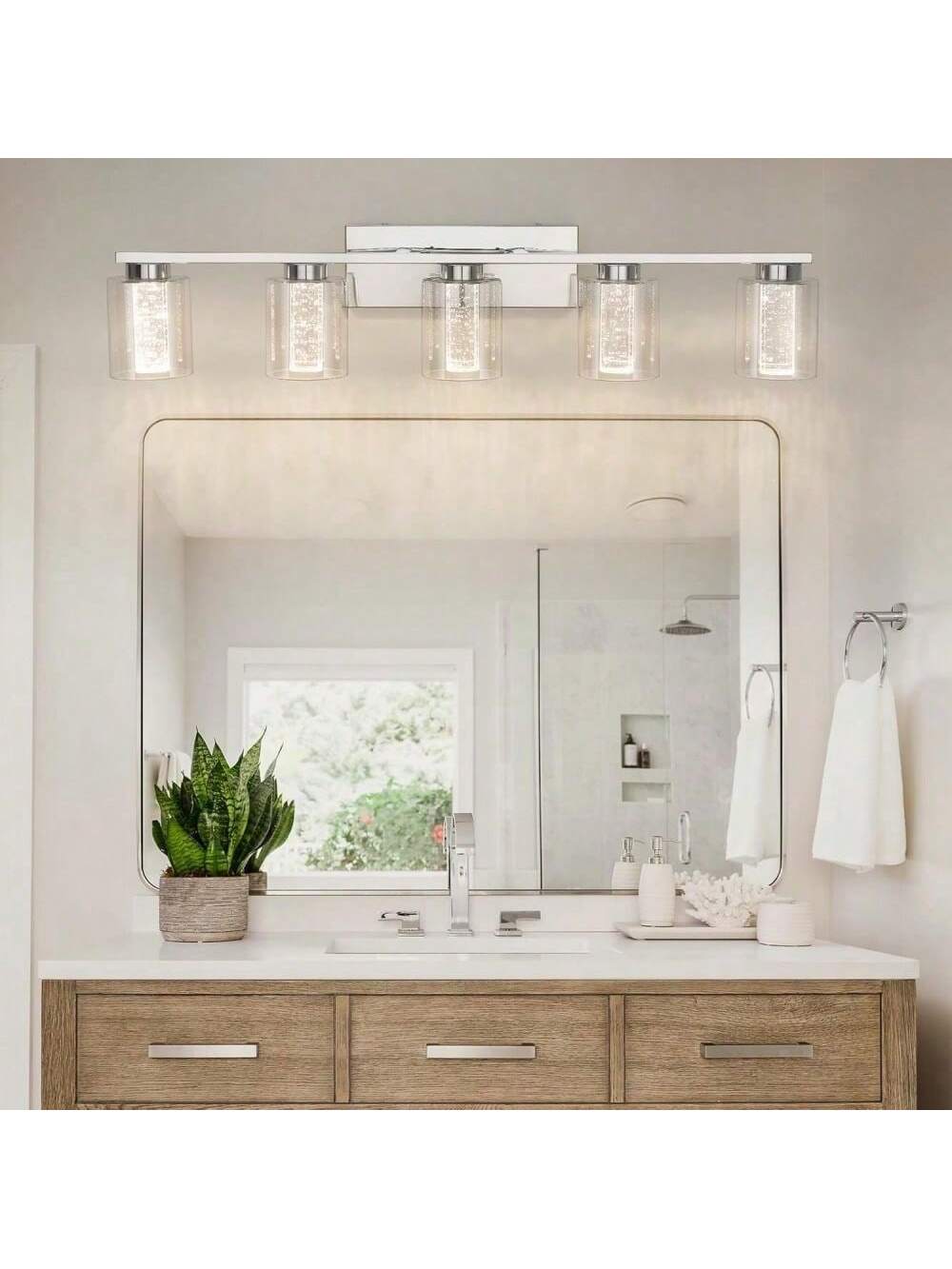 Qeetex PHO-10X3HPQX-HF4 Bathroom crystal vanity lamp. chrome vanity mirror headlight 5 lamp heads with 3 color temperatures. modern bathroom wall lamp. suitable for bathroom corridor kitchen bedroom living room