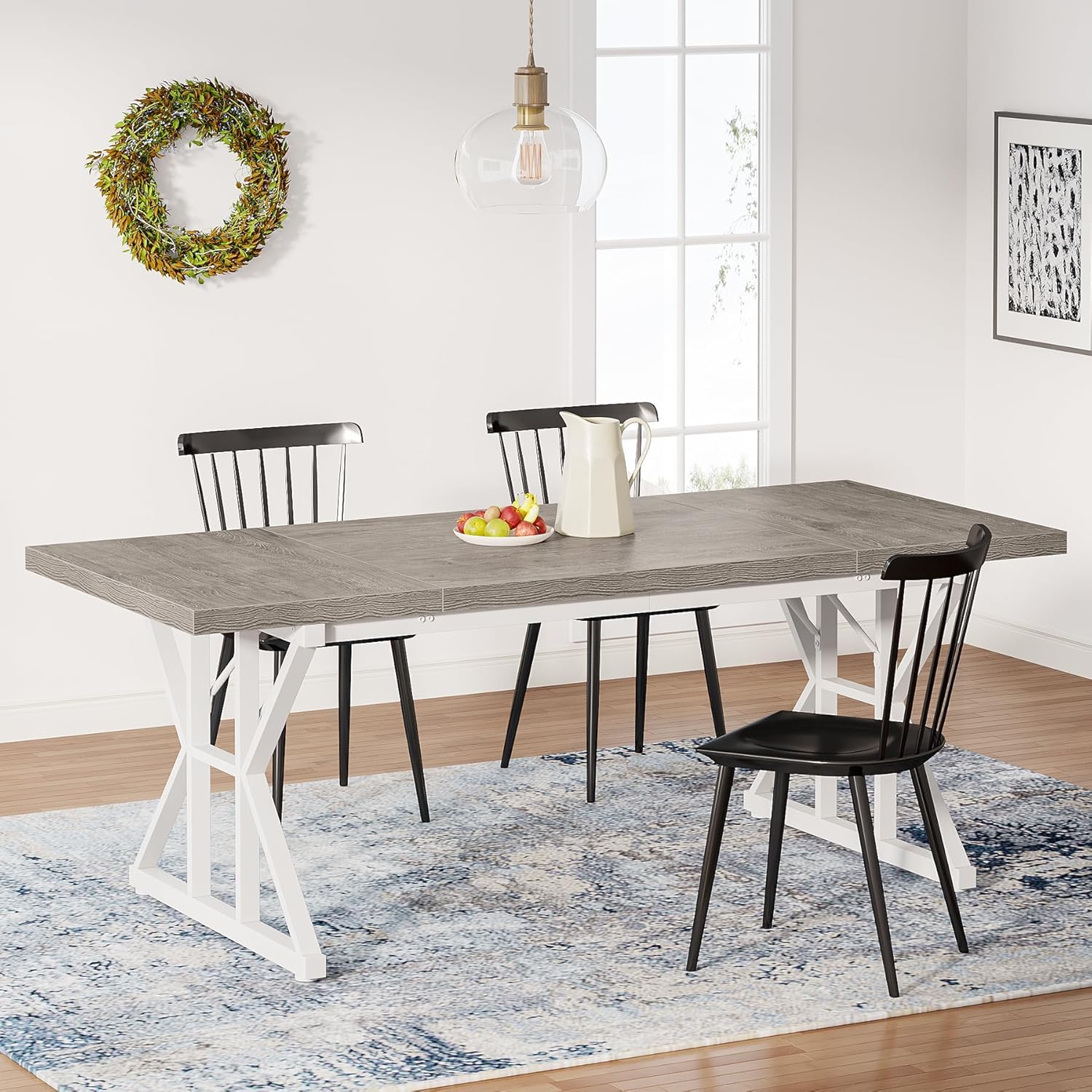 Tribesigns White and Gray Farmhouse Rectangular Dining Table 70.9 L x 29.5 H with Heavy Duty Metal Legs Only Table