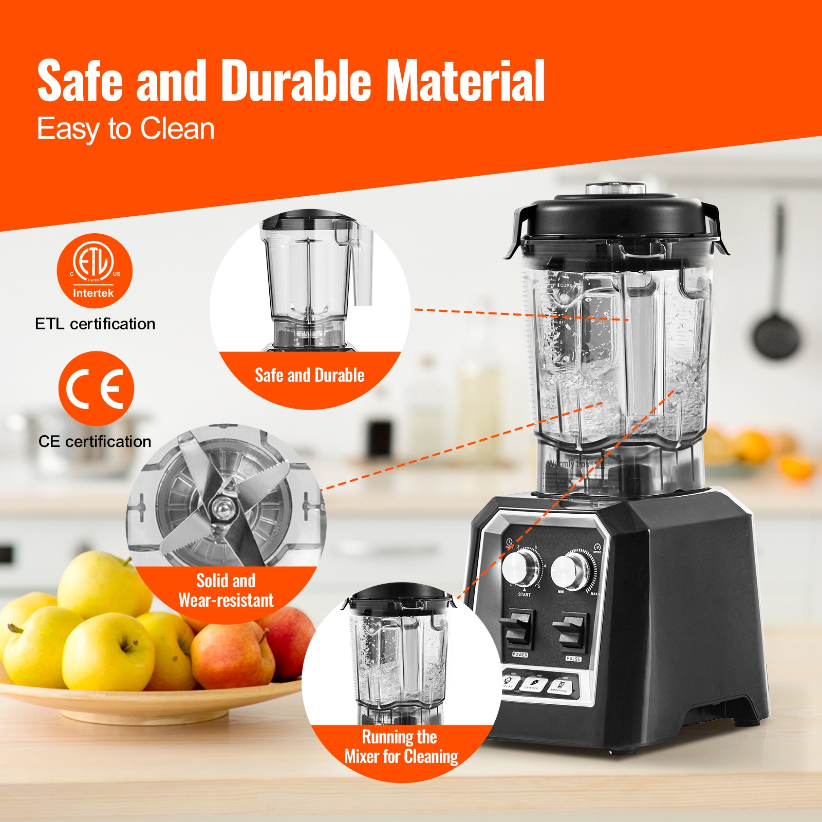 VEVOR Black Stainless Steel Commercial Countertop Blender with Variable Speed
