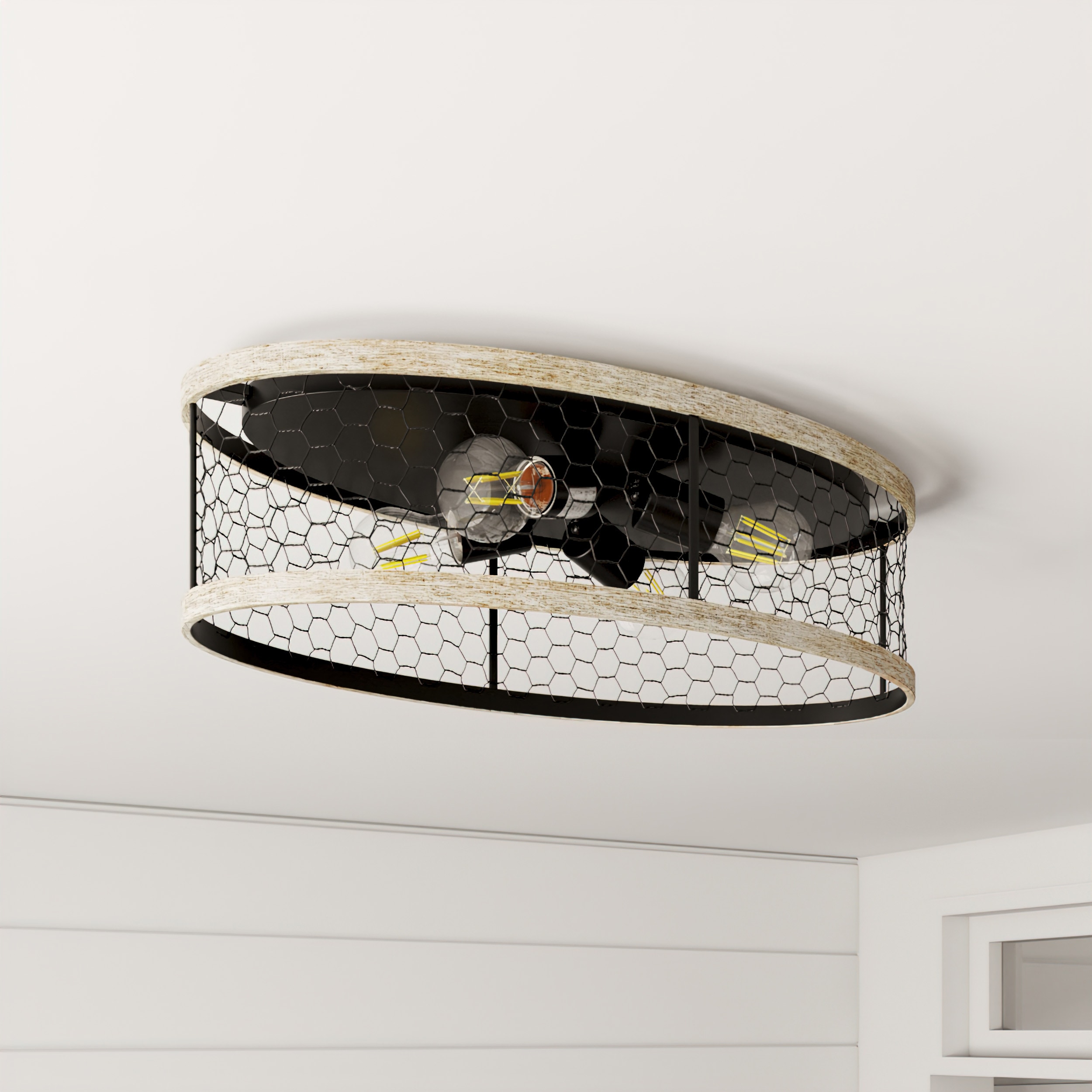 Matte Black and Faux Wood Rustic Flush Mount Light