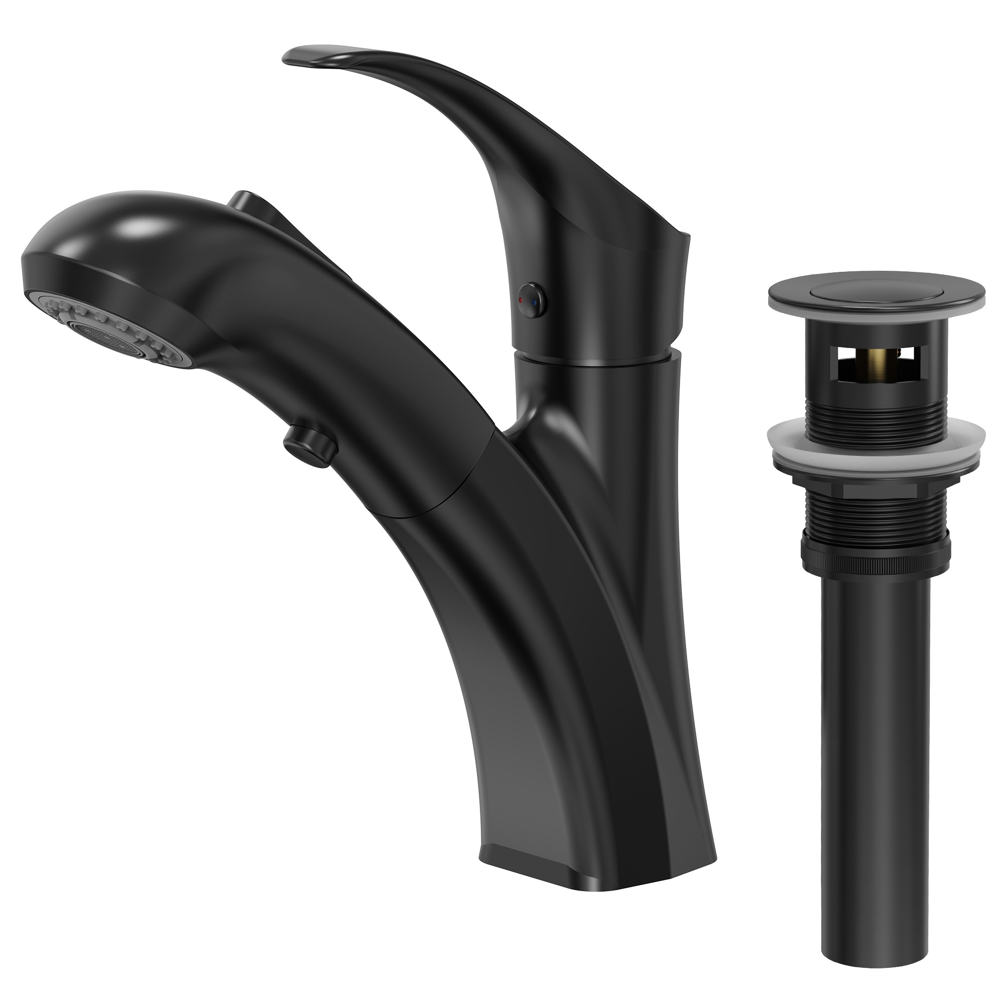 GRANDJOY 2 Spray Pull Out 8 5/8 in Bathroom Sink Faucet Single Hole with Metal Drain Assembly Single Handle Matte Black