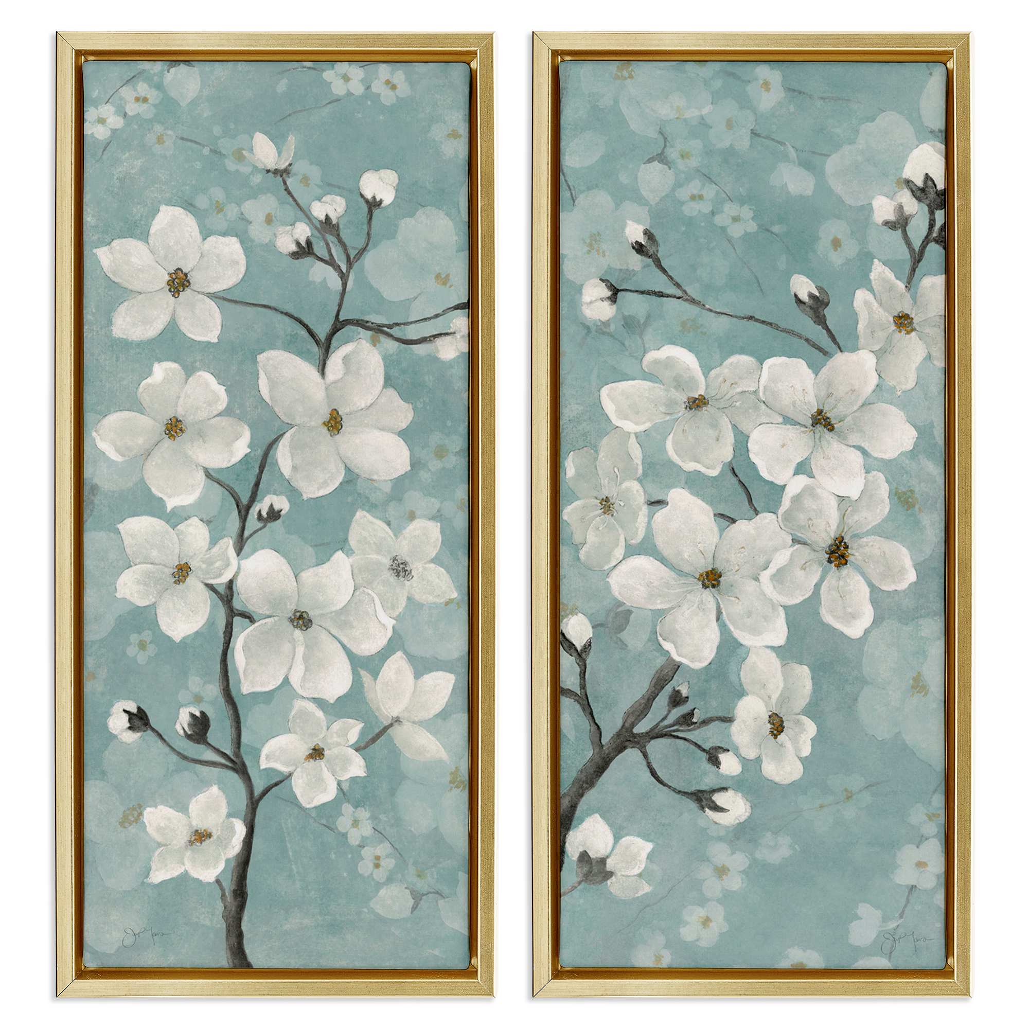 Stupell Industries B2-728-FFG-2PC-10X24 Green Toned Blossoms 2 Piece Gold Framed Floater Canvas Set By Tava Studios 11 x 25