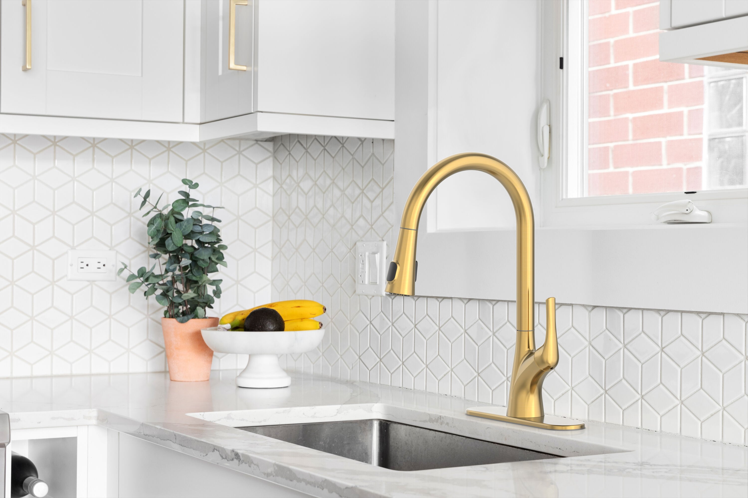 allen + roth 67914W-124408 Brushed Gold Single Handle Deck-mount Kitchen Faucet ( Deck Plate Included )