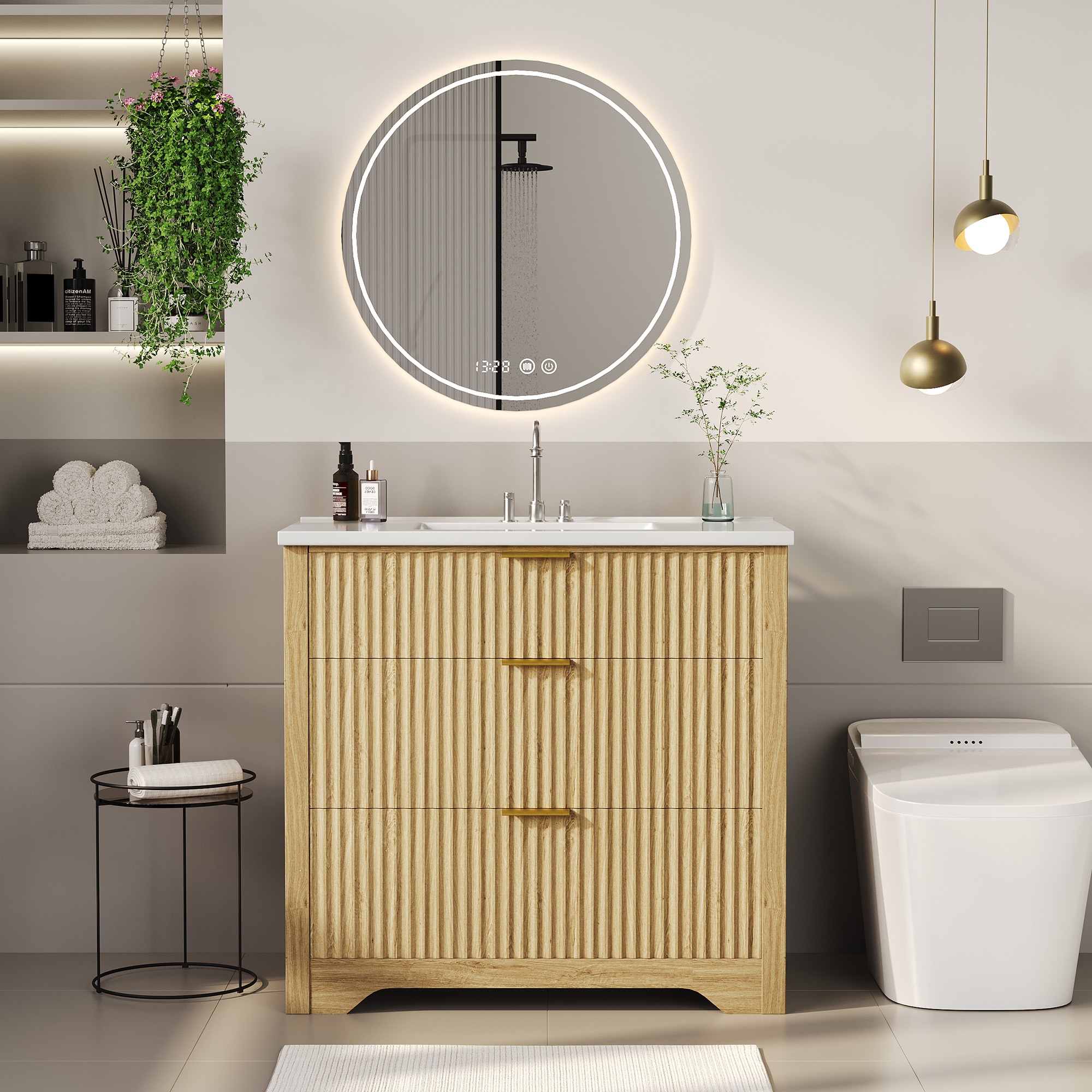 IdealHouse 36in Fluted Bathroom Vanity with Sink Farmhouse Freestanding Bathroom Sink Cabinet with 2 Drawers and 1 Flip-Down Drawer Easy Assembly and Cleaning Natural
