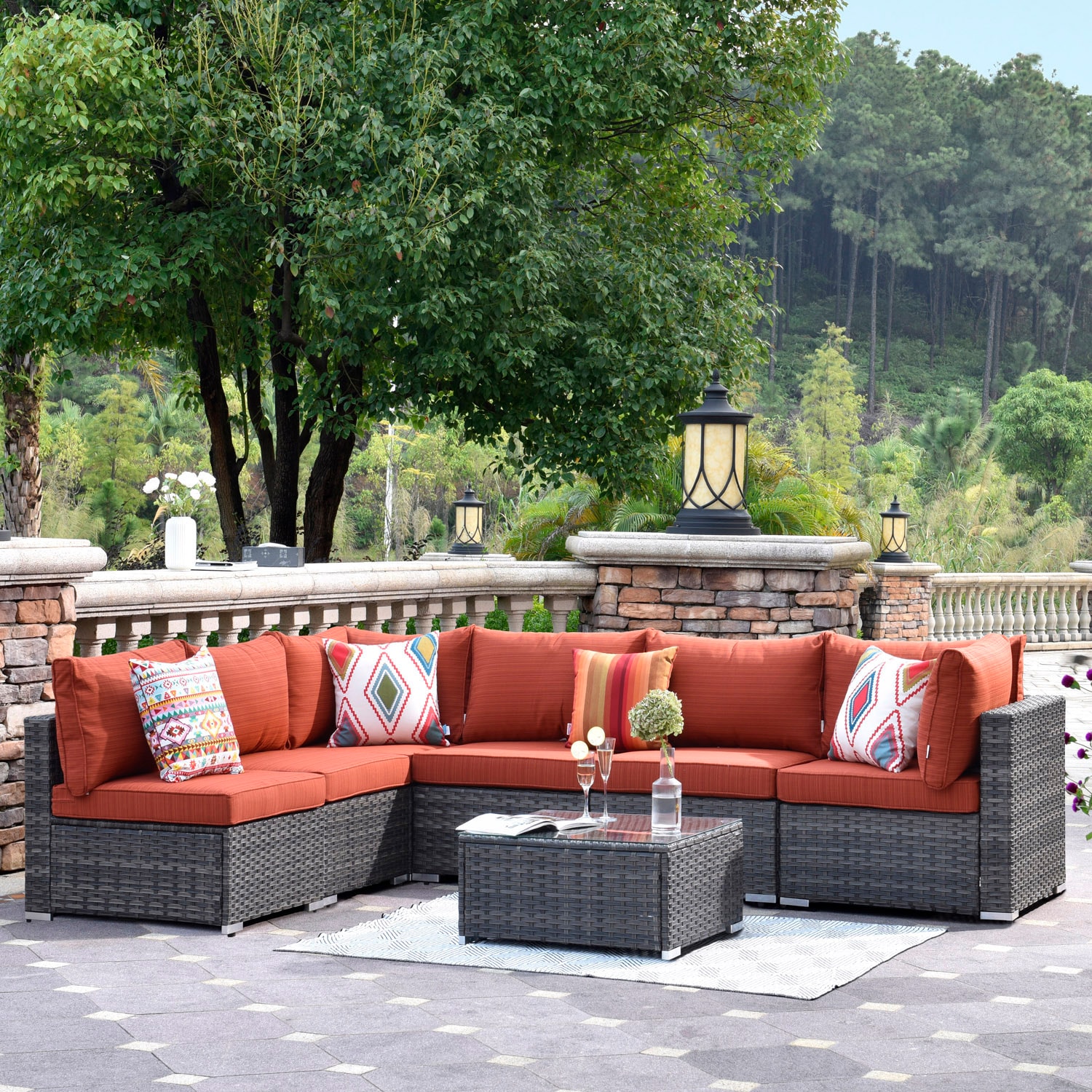 XIZZI Sunrise Rattan Outdoor Sectional with Orange Cushion(S) and 