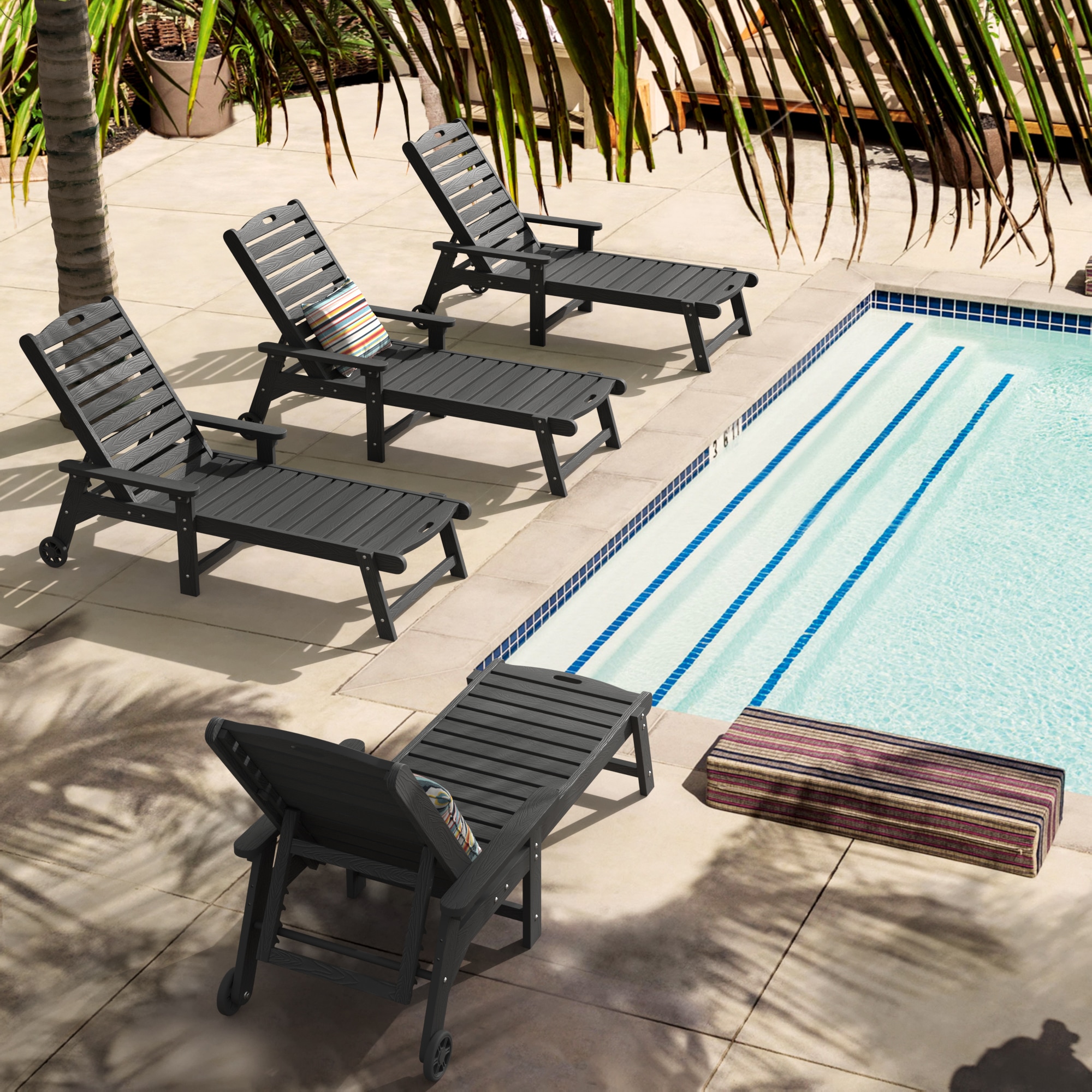 LUE BONA 4LB23OLC0001-100LS Set of 4 Black HDPE Frame Stationary Chaise Lounge Chair with Slat Seat