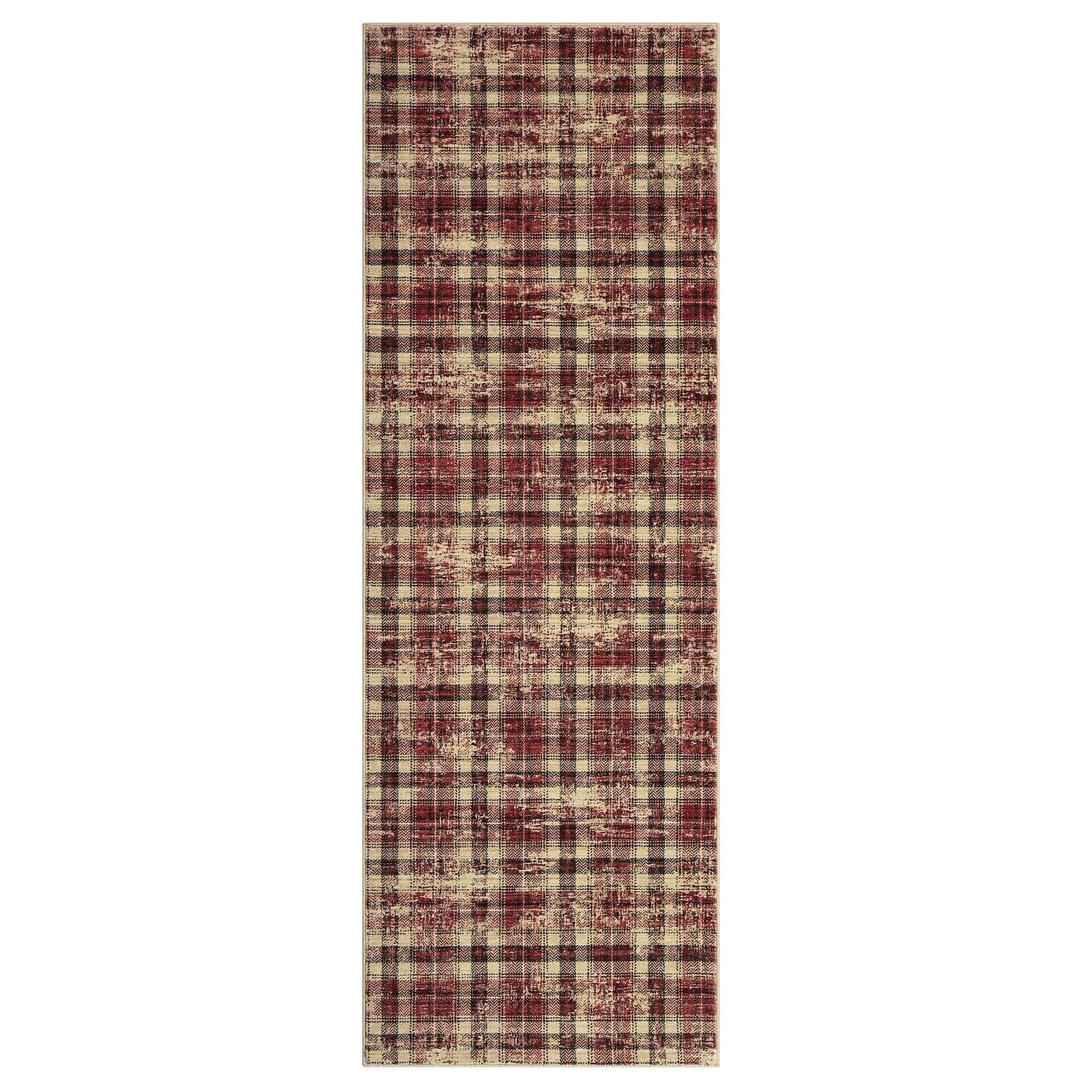 Qeetex SUNNY-PHO-13CG7DWG 2 x 6 ft Polyester Red Rectangular Laundry Bathroom Kitchen Geometric Lattice Print Modern Machine Washable Runner Rug