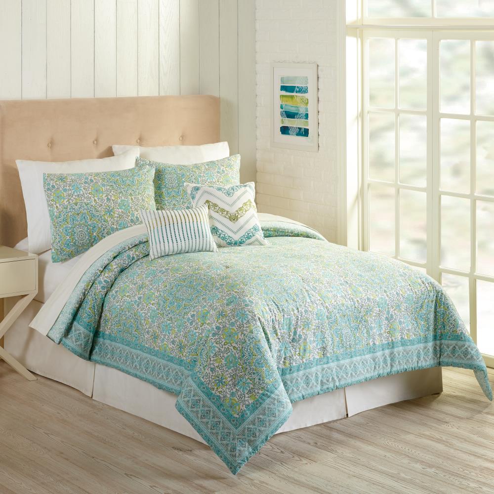 Indigo Bazaar Stamped Indian Floral 5-Piece Blue Queen Comforter Set in ...