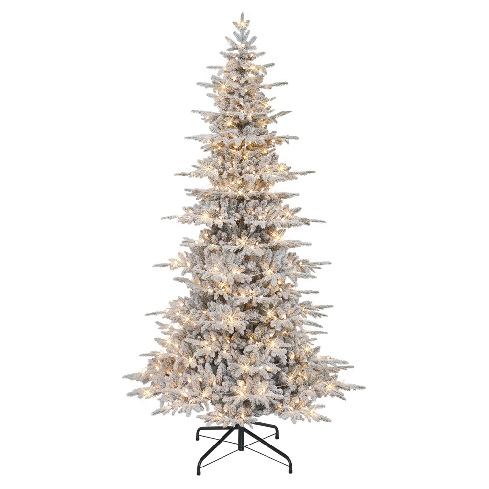 Puleo International UTFSLA-90C55 9-ft Fir Pre-lit Slim Flocked Artificial Christmas Tree with Clear Incandescent Lights