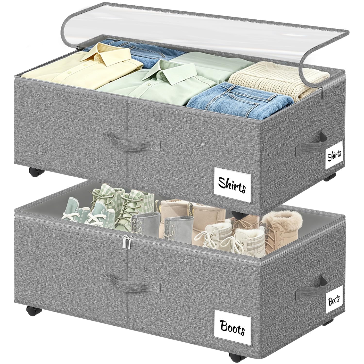 YICSAM Gray XXL Under Bed Storage Containers 2 Pack With Wheels Clear Lid Label Windows 75L Heavy Duty Rolling Organization Bins For Clothes Blankets Shoes