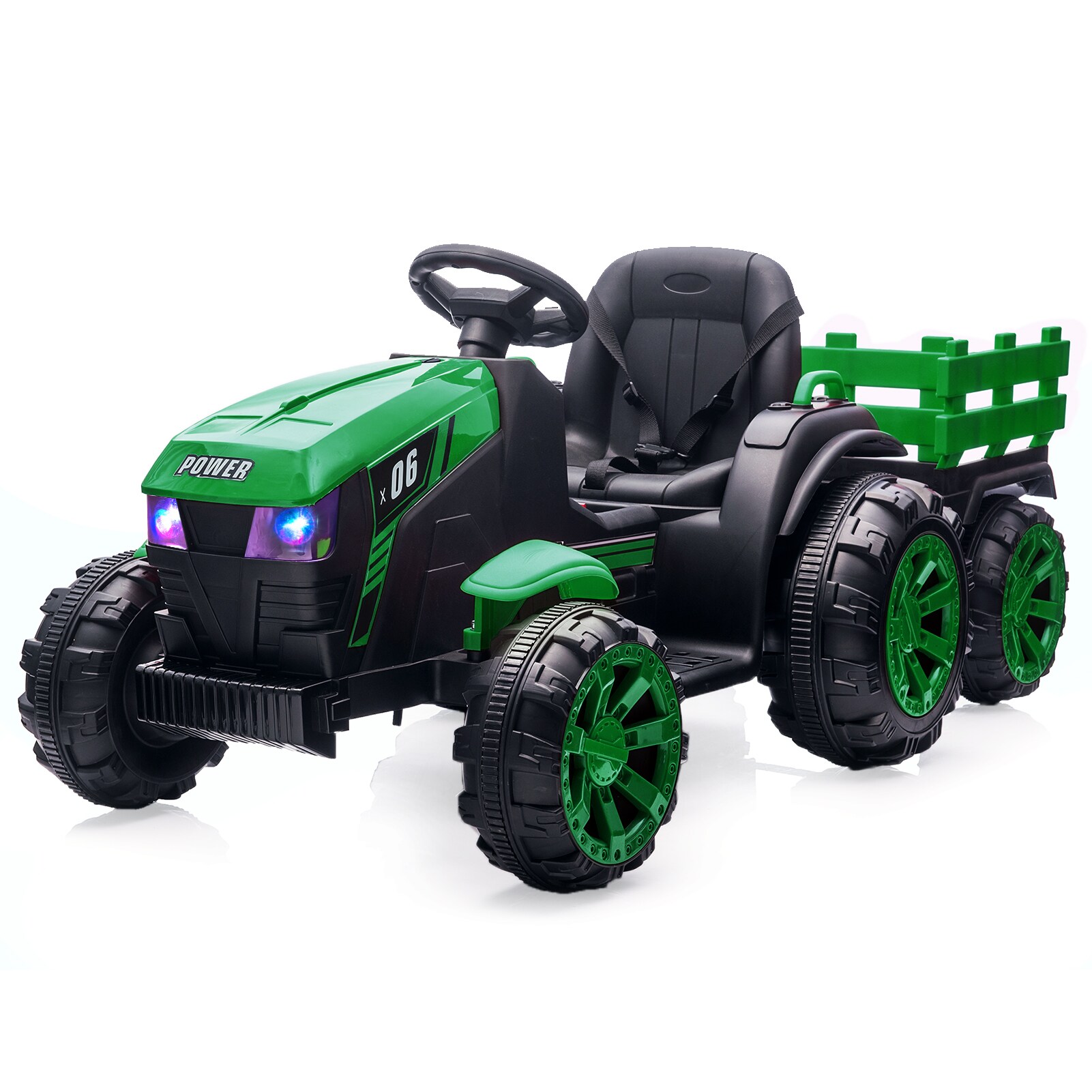 Der Rose RIDE ON CAR-002766 12V Kids Ride On Tractor With Trailer Remote Control Dual Motors Led Lights Music Startup Sound Electric Vehicle Green