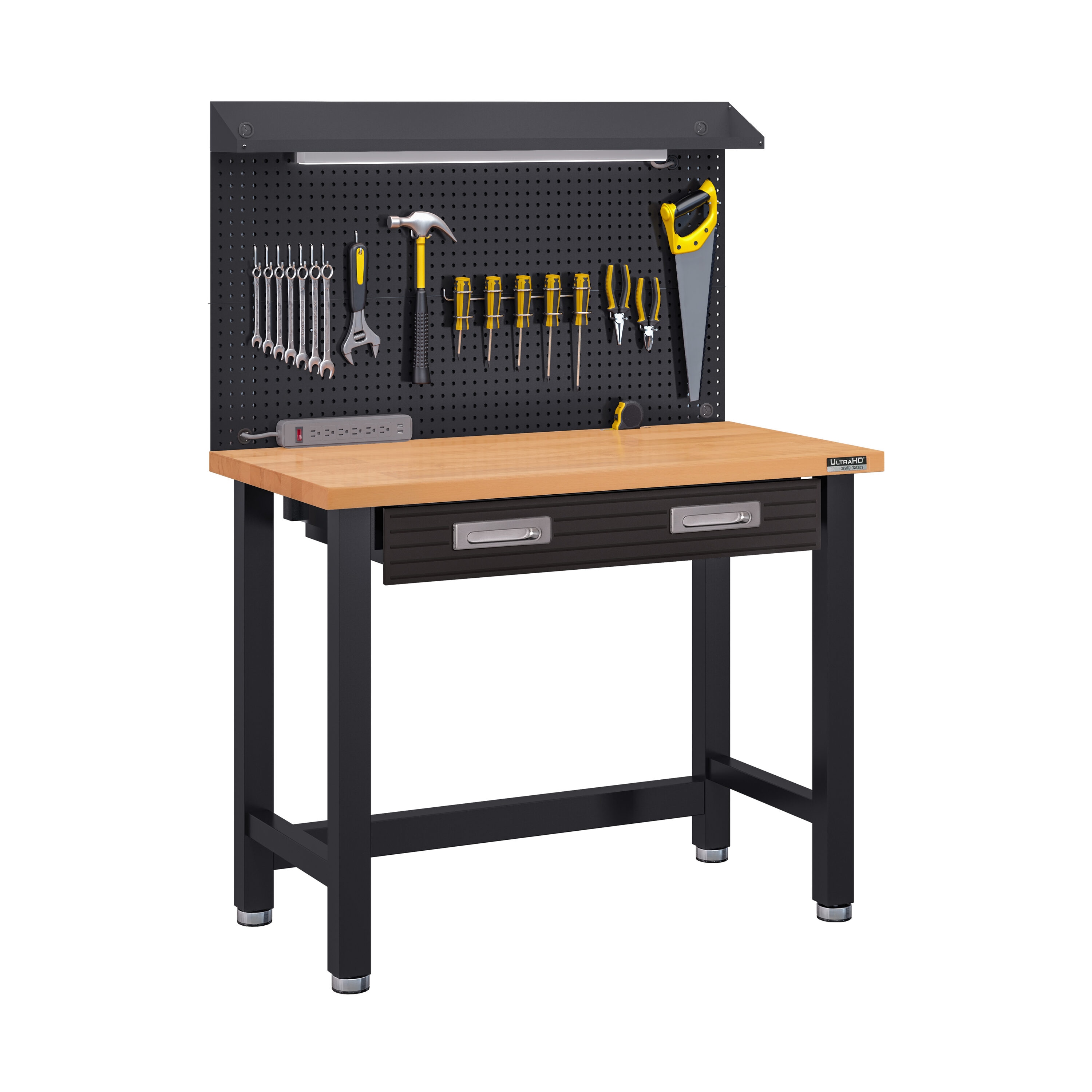 Seville Classics UltraHD Lighted Workcenter w/ Wood Top and Pegboard 48-in W x 24-in D x 65.5-in H #UHD20246B