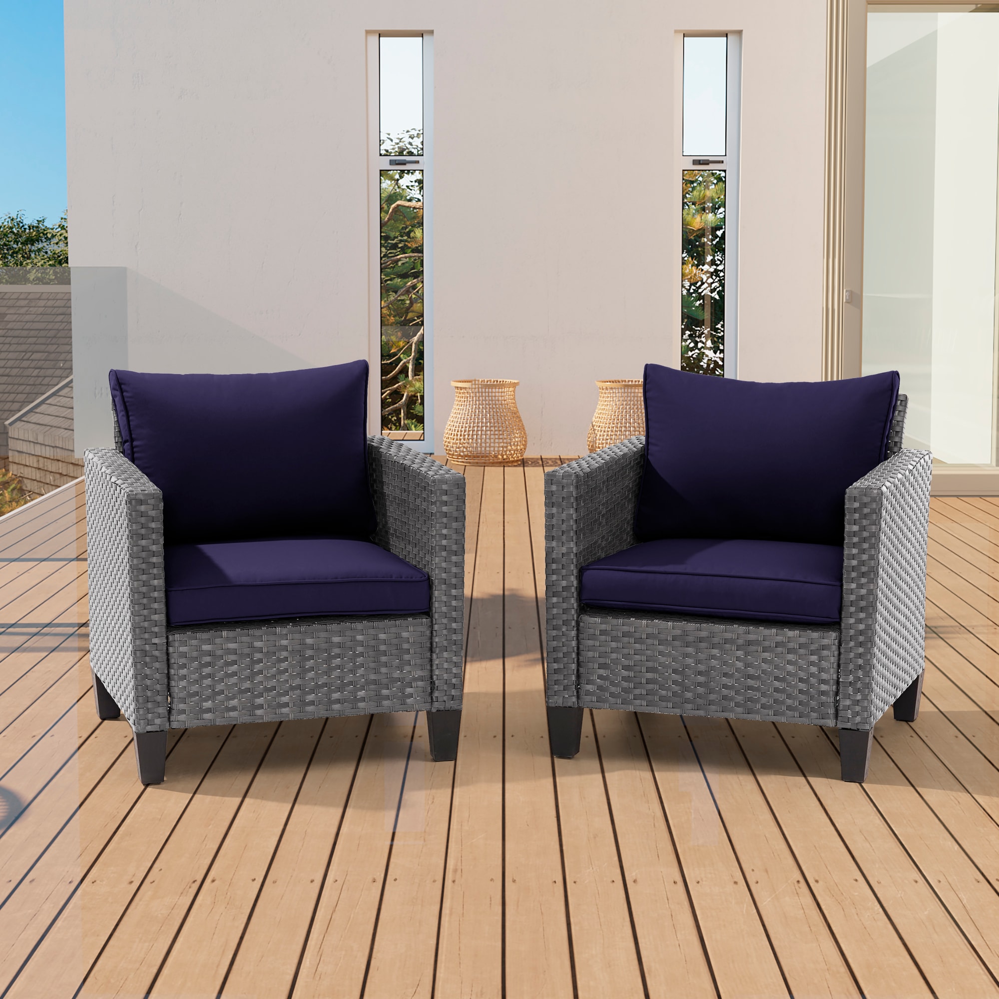 Sonkuki SD-PS-S2HNY patio chiars Set of 2 Wicker Gray Wicker Frame Stationary Conversation Chair with Navy Cushioned Seat