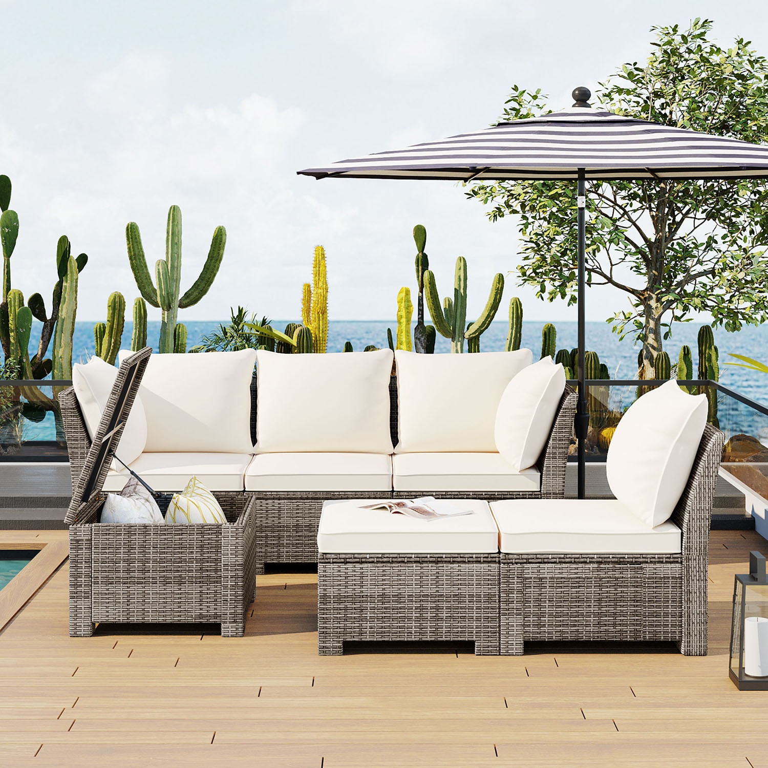 SINOFURN 5-Piece Wicker Rattan Sectional Sofa Set Beige In The Patio ...