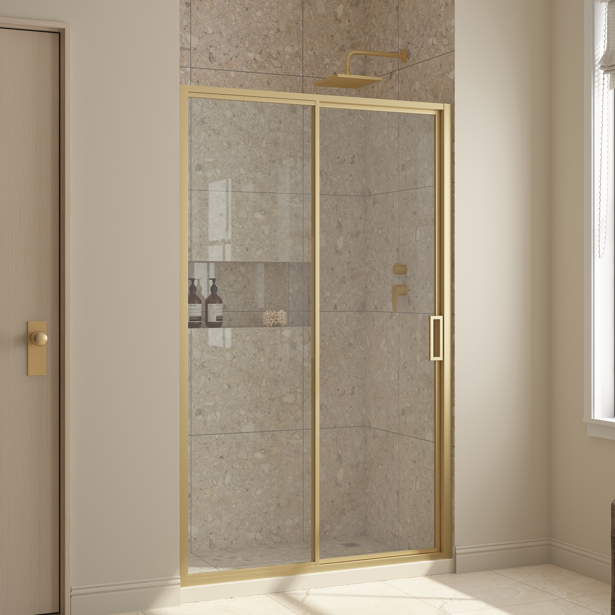 OVE Decors 15SGP-STAN48-GB2 Stanford Brushed Gold 46-3/16-in to 48-in W x 74.02-in H Frameless Clear Glass Sliding Shower door