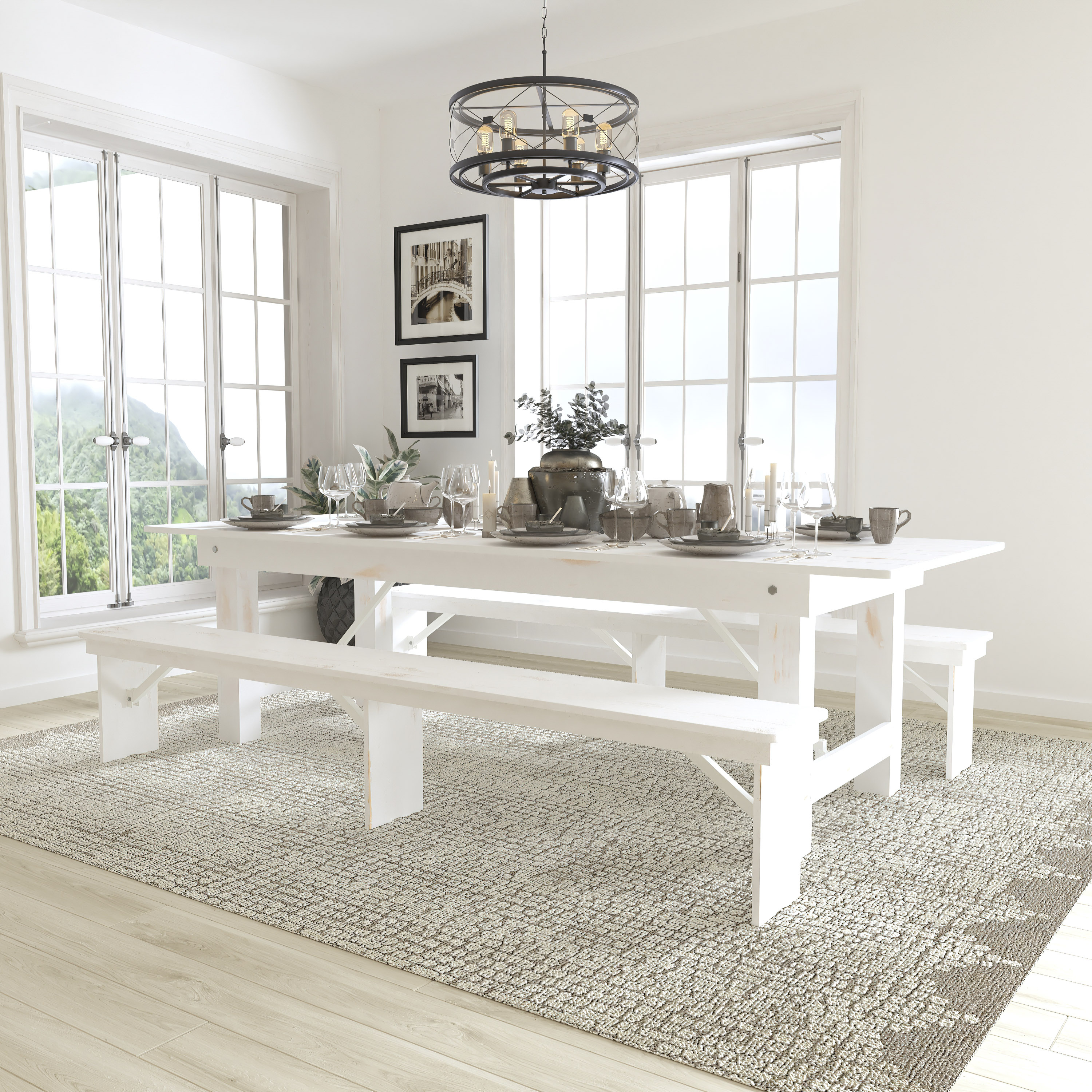 Flash Furniture 889142518891 Antique Rustic White Rustic Dining Room Set with Rectangular Table (Seats 6)