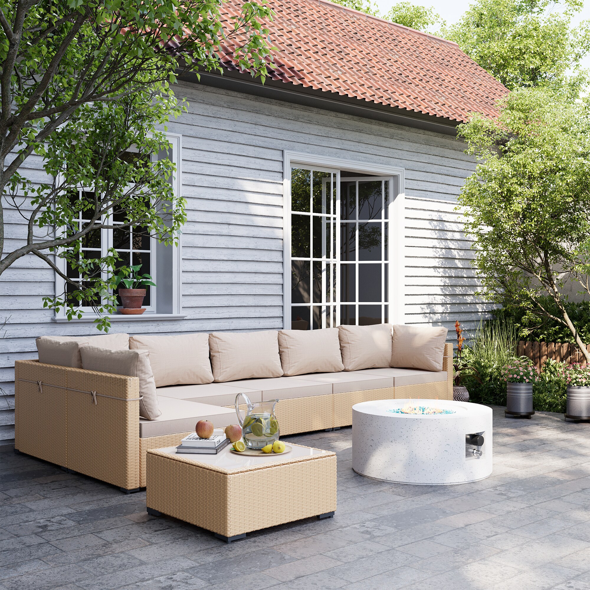 UPHA TBBE-ABC28SYMB-BEIGE 8 -Piece Wicker Patio Conversation Set with Off-white Cushions