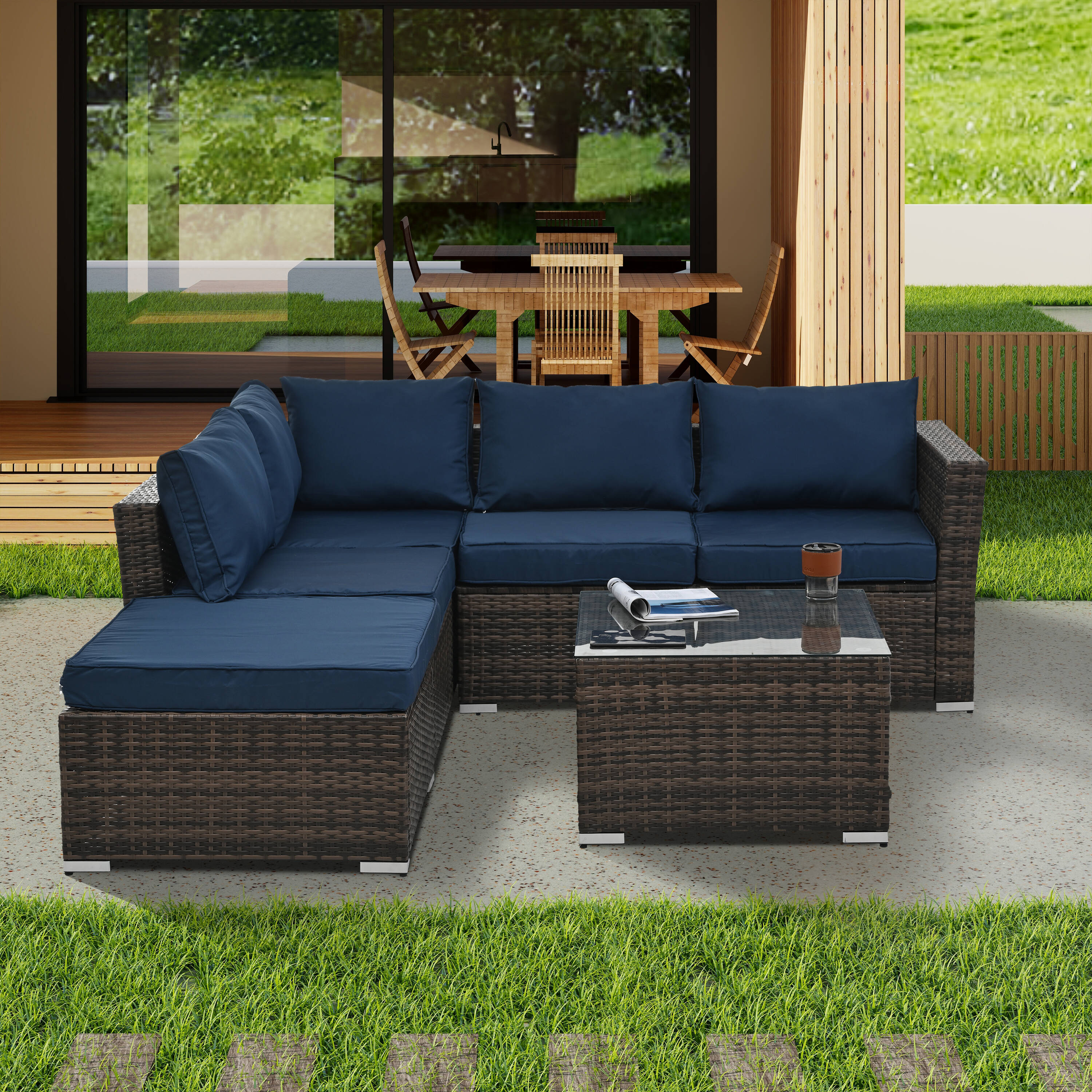AAZJ JDU-275AAA Patio Conversation Sets 4 -Piece Wicker Patio Conversation Set with Blue Cushions