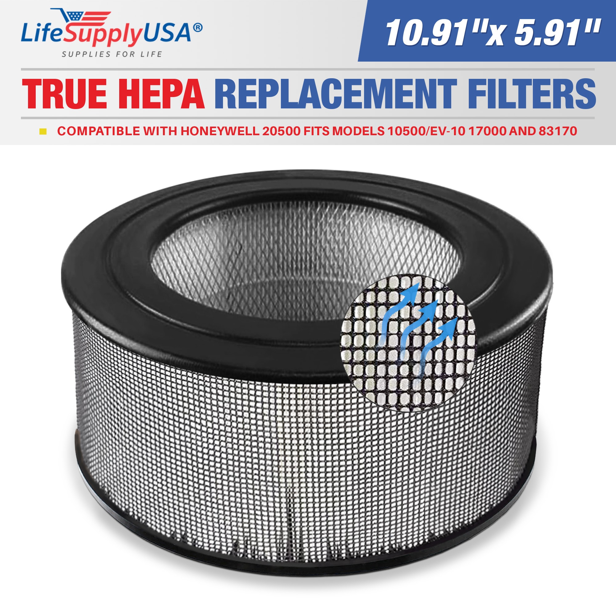 LifeSupplyUSA 1-ER025-HD 5.91-Inches W x 5.91-Inches H x 10.91-Inches L Honeywell 20500 fits 10500/EV-10 17000 and 83170 True HEPA Air Purifier Filter