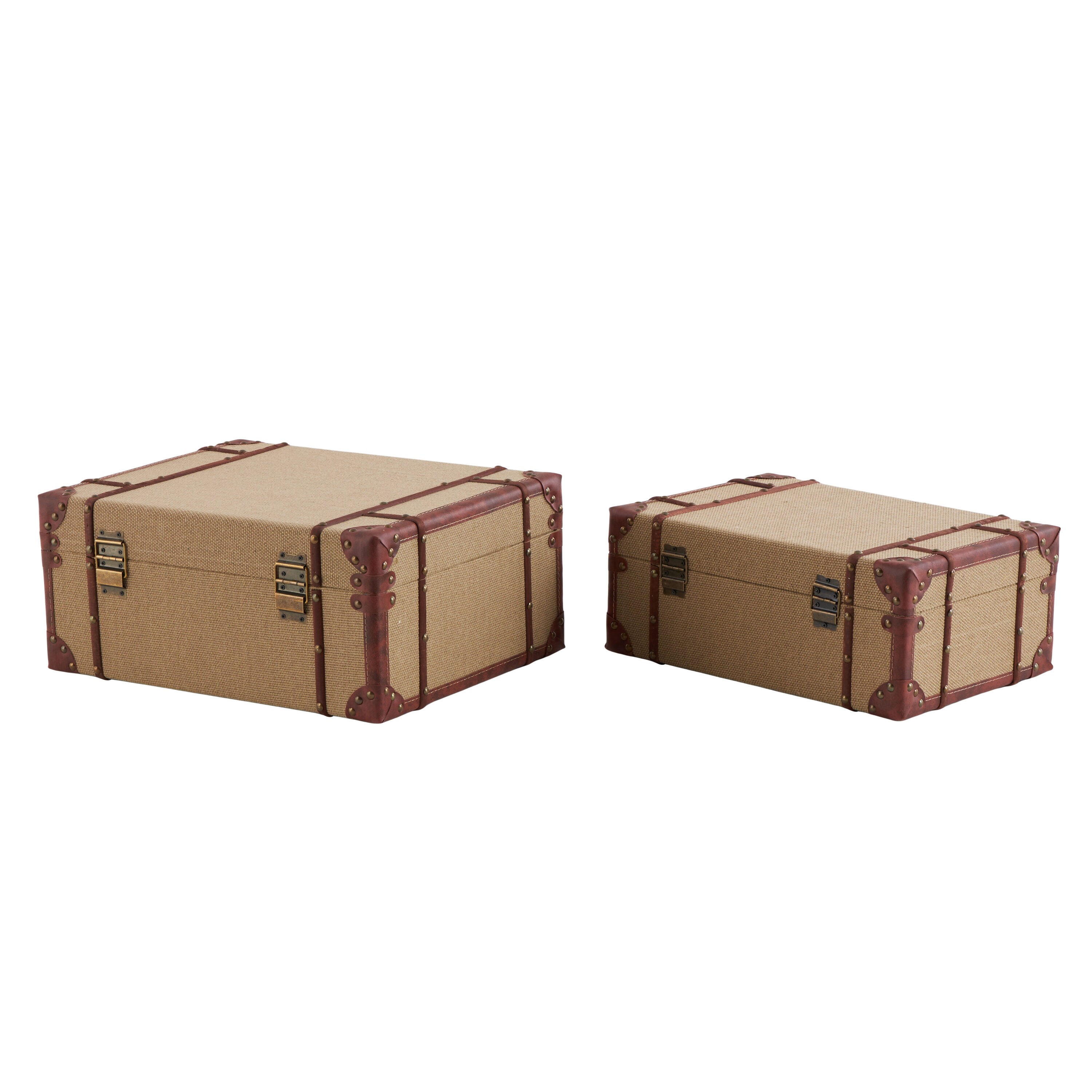 Beige Burlap and Leather Vintage Trunk Set, 2 Pieces