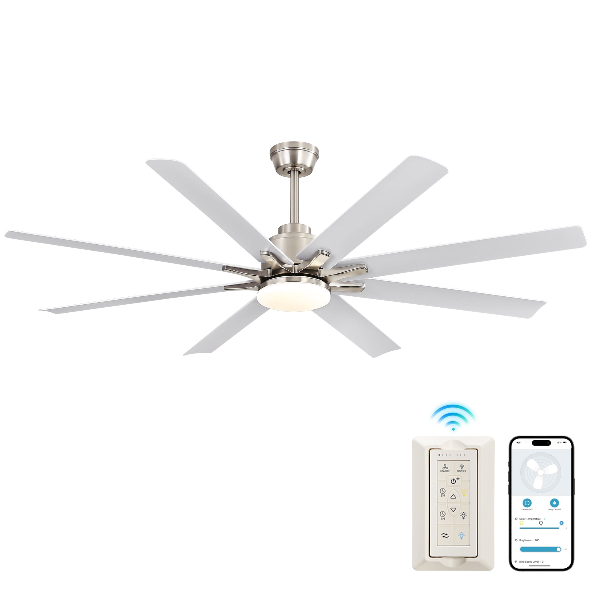Fun Orange FUN25CF24 Large Ceiling Fan 52-in Color-Changing Integrated LED Outdoor Smart Nickel with Ceiling Fan With Light 8 -Blade )
