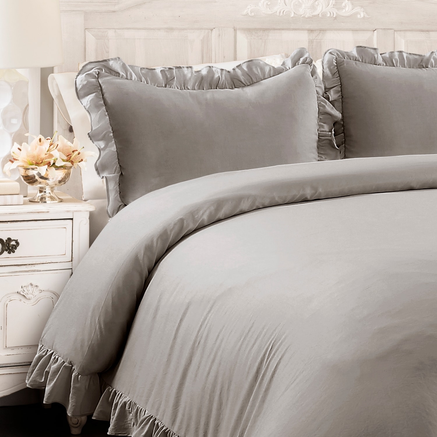 King Size Gray Microfiber Ruffled Comforter Set