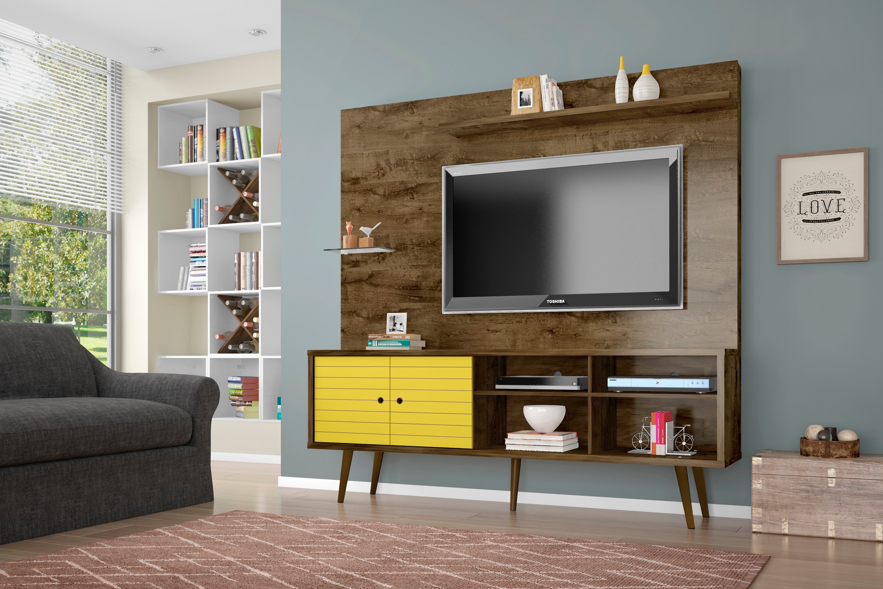 Manhattan Comfort 214BMC94 Liberty Modern/Contemporary Rustic Brown and Yellow TV stand Integrated TV Mount ( Accommodates TVs up to 55-in )