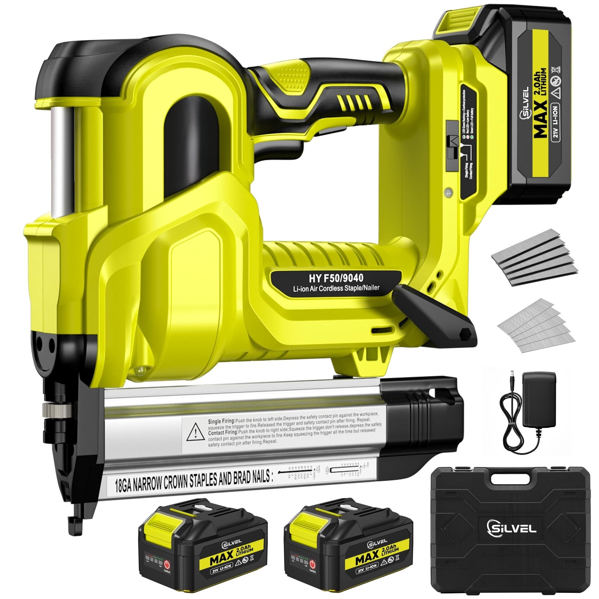 Angel Sar - 21V 2 in 1 Cordless Brad Nailer with 2x2.0Ah Battery 1000 Nails 18GA Staples Adjustab...