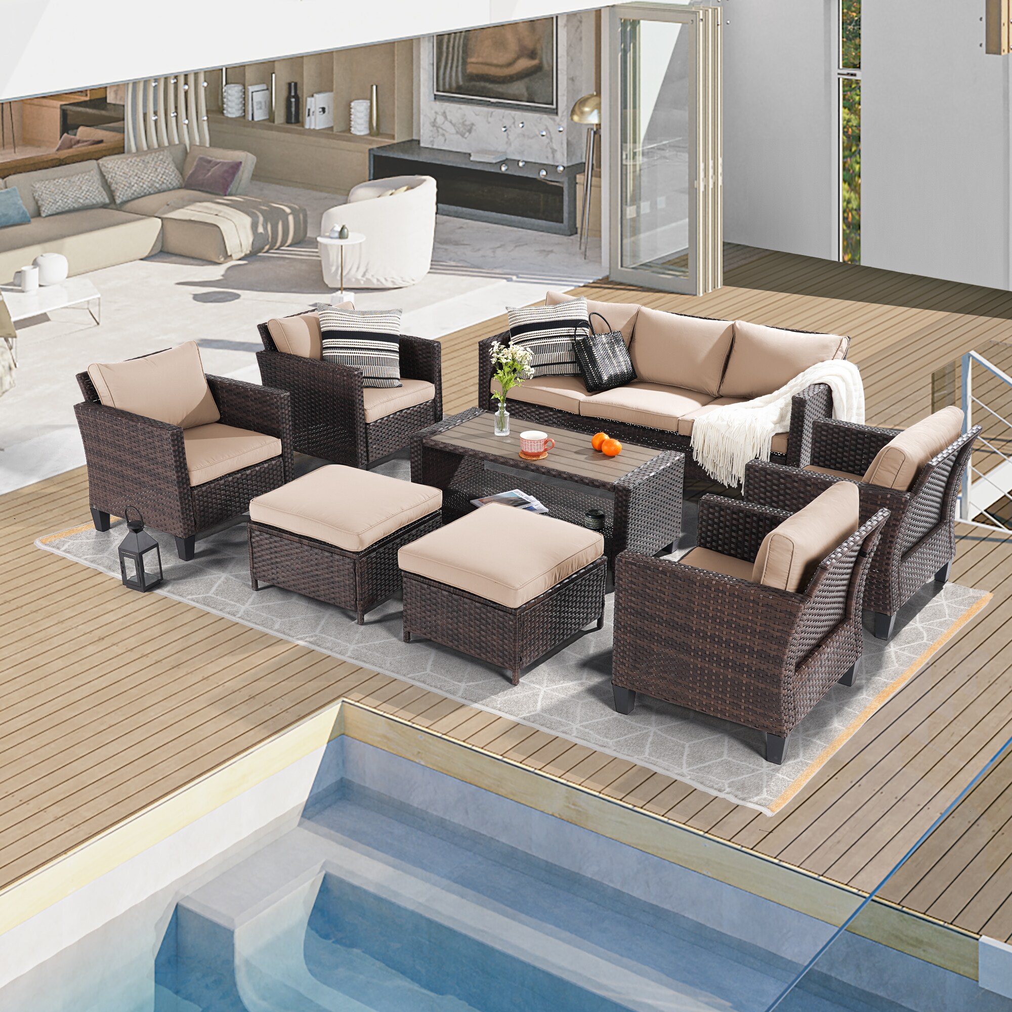 ACEGOSES LW-ST21-115BSD Skytop 8 -Piece Wicker Patio Sofa Conversation Set with Beige Cushions