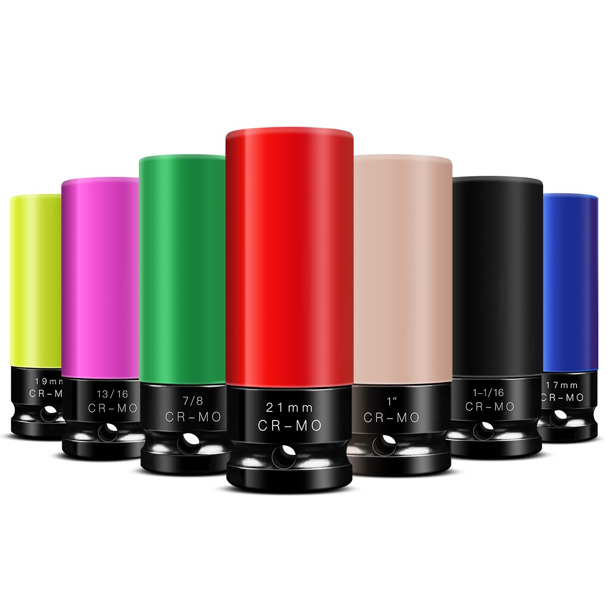 AKSCYZM  1/2 Drive Impact Lug Nut Socket Set 7 Pieces Metric and SAE Thin Wall Deep Sockets 6 Point Design Color Coded CR MO Steel
