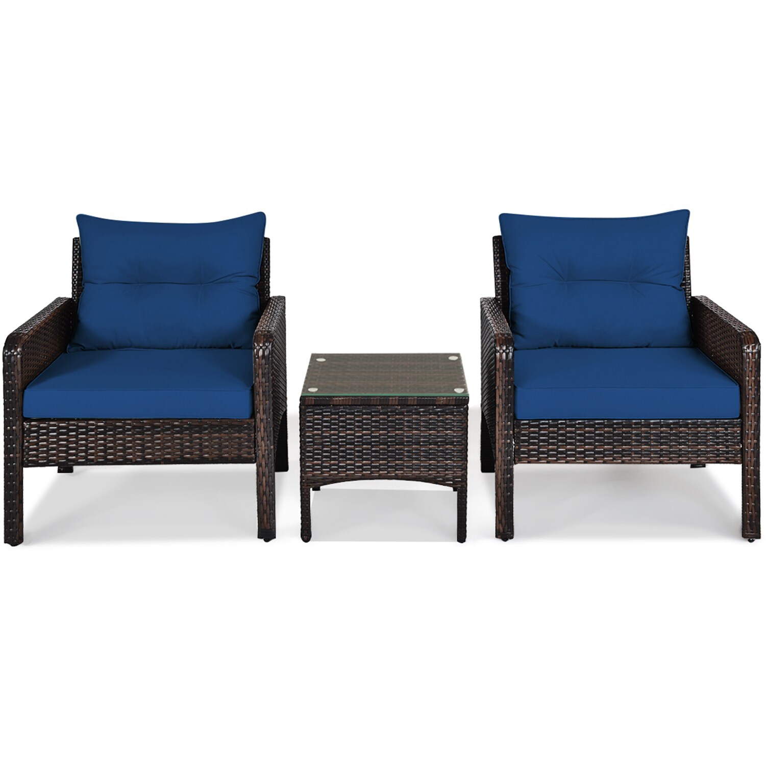 WELLFOR OUS68639NY 3 -Piece Rattan Patio Conversation Set with Blue Cushions