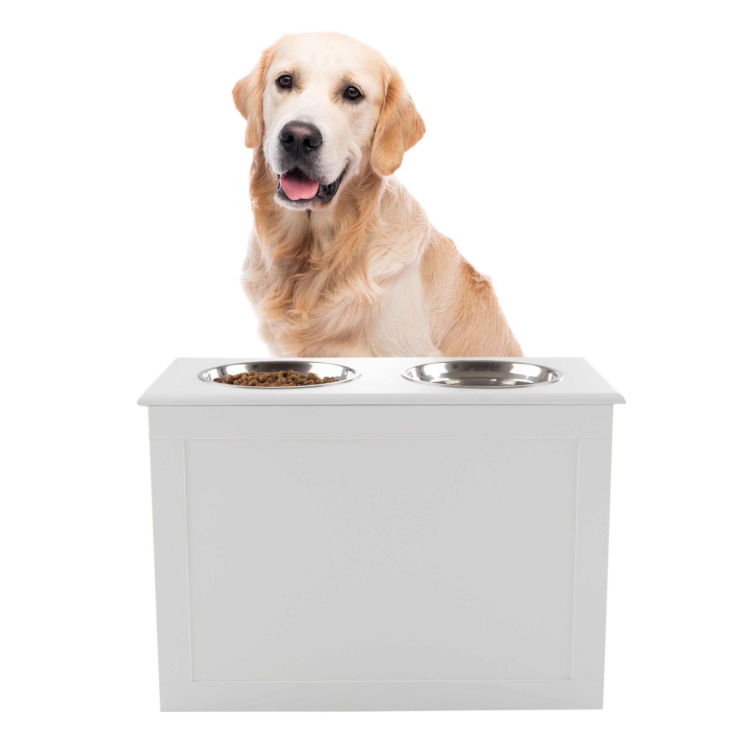 White Elevated Dog Bowls with Hidden Storage and Stainless Steel