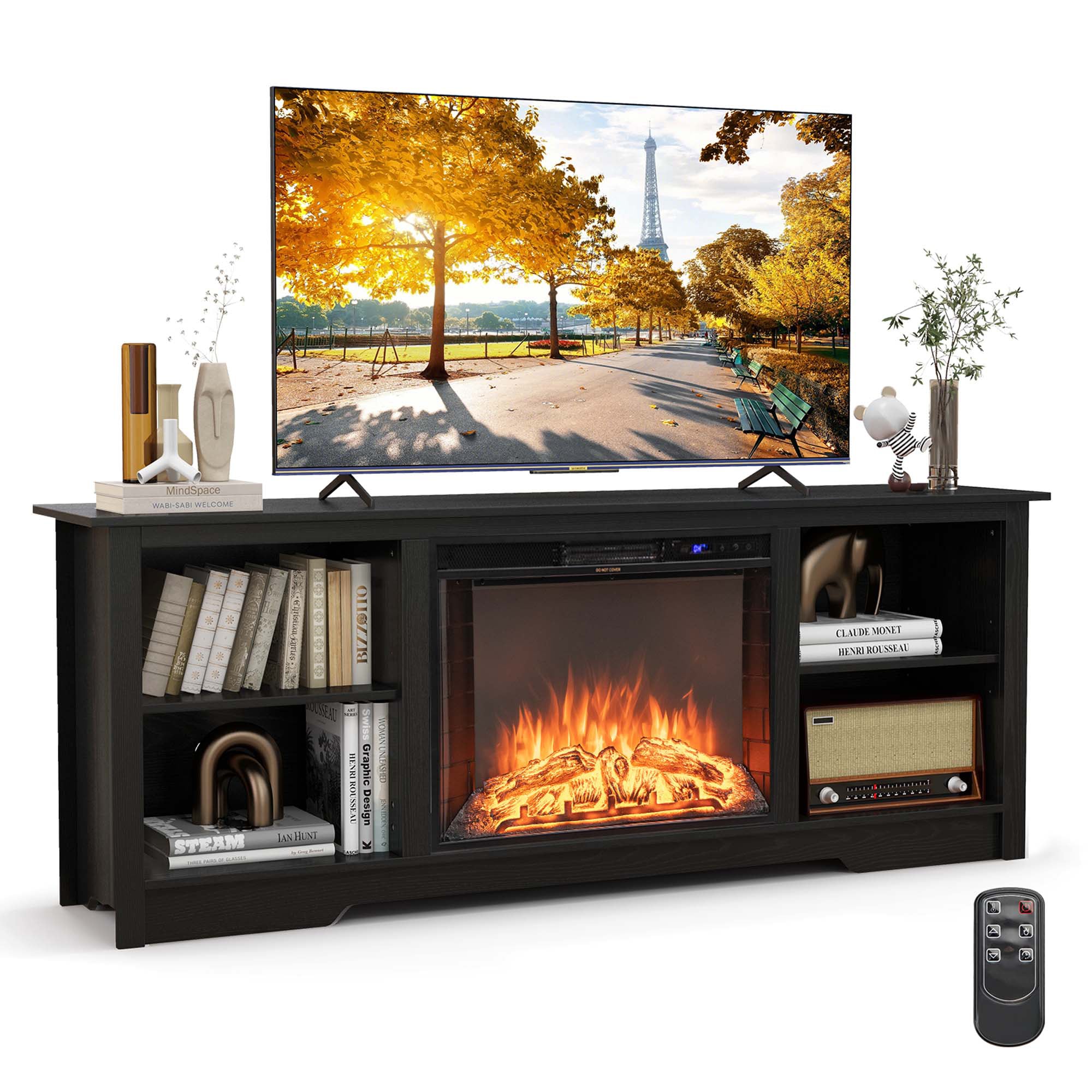 Costway HCST00947 15-Inches W Black TV Stand with Infrared quartz Flat wall Electric Fireplace with Remote Control Included