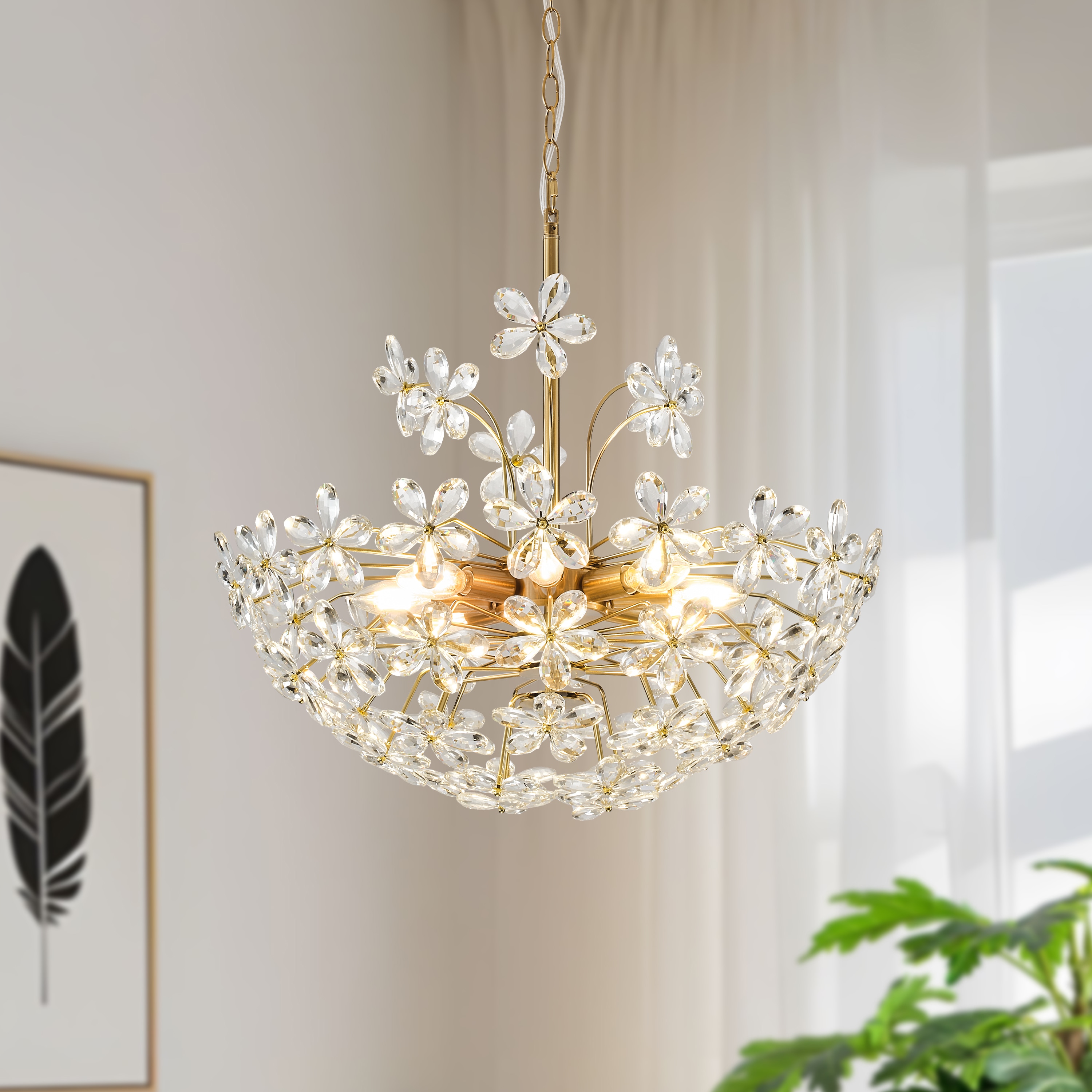 GoYeel 8-Light Gold Modern Flower Crystal Chandelier for Dining Room, Living Room