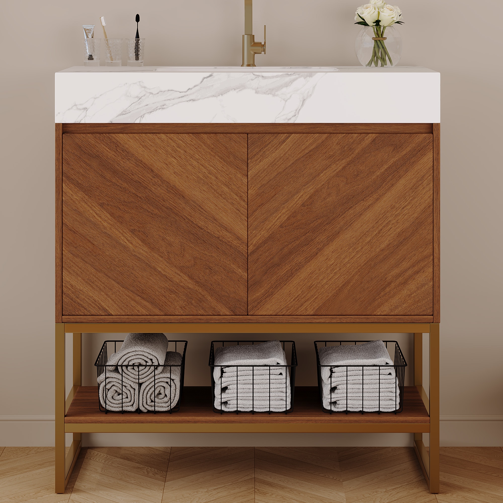 Wooakway 30-in Modern Freestanding Bathroom Vanity with Ceramic Sink Brown Oak Finish and Soft Close Cabinet