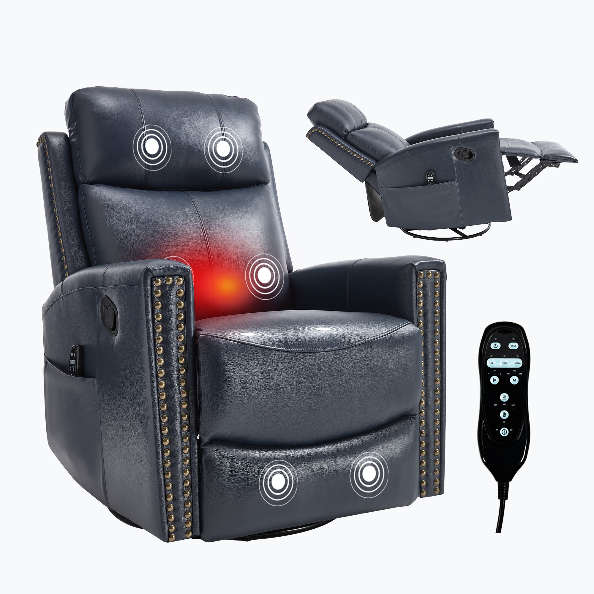 Boyel Living BL-CM861BL Blue Gnuine Leather Heat Massage Manual Recliner Chair with Rocker and Swivel for Living Room