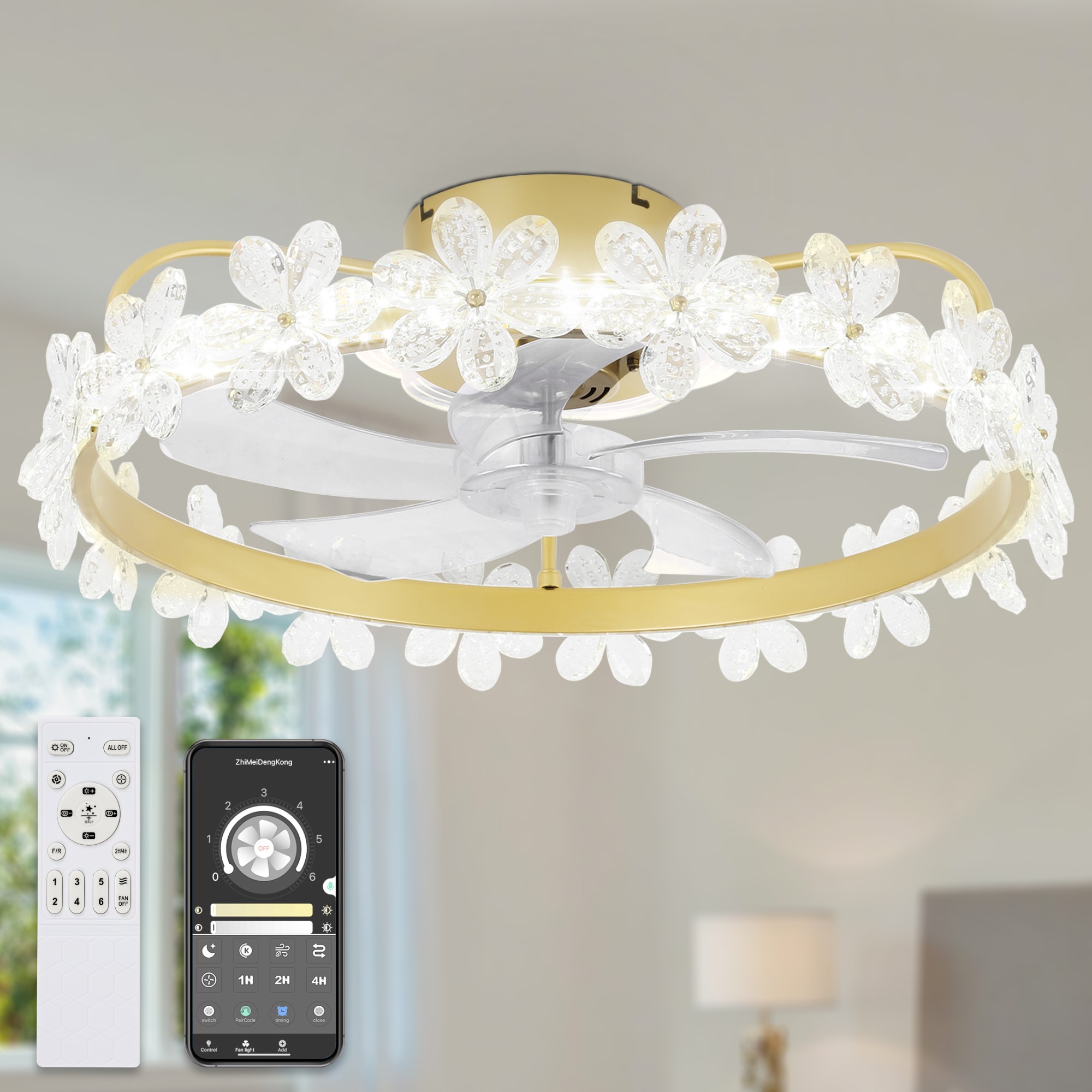 Bella Depot DC2202 21-in Color-Changing Integrated LED Flush Mount Gold with Clear Blades Fandelier Ceiling Fan With Light - Remote Included ( 5 -Blade )