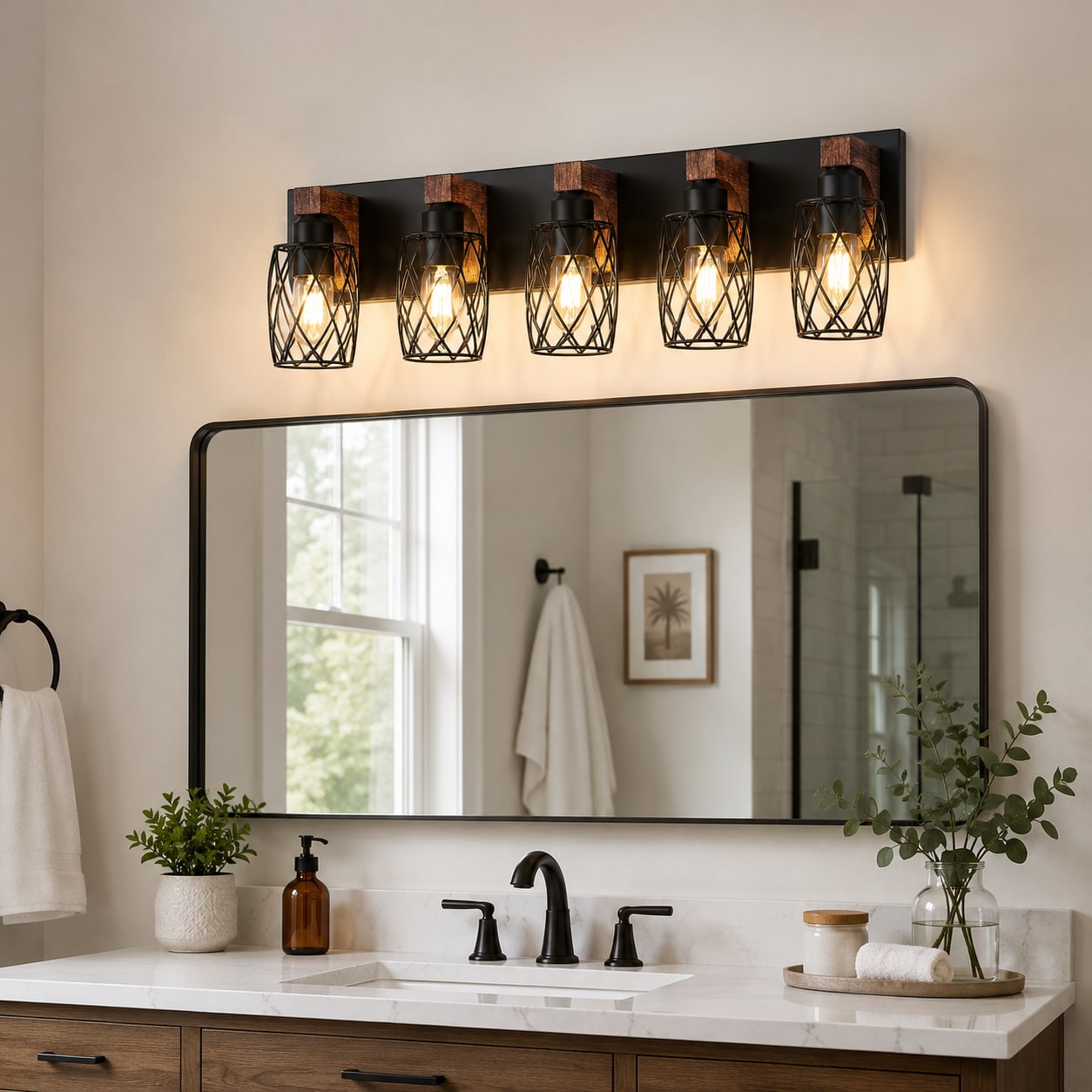 Trivework 31in W 5-Light Industrial Black Bathroom Vanity Light