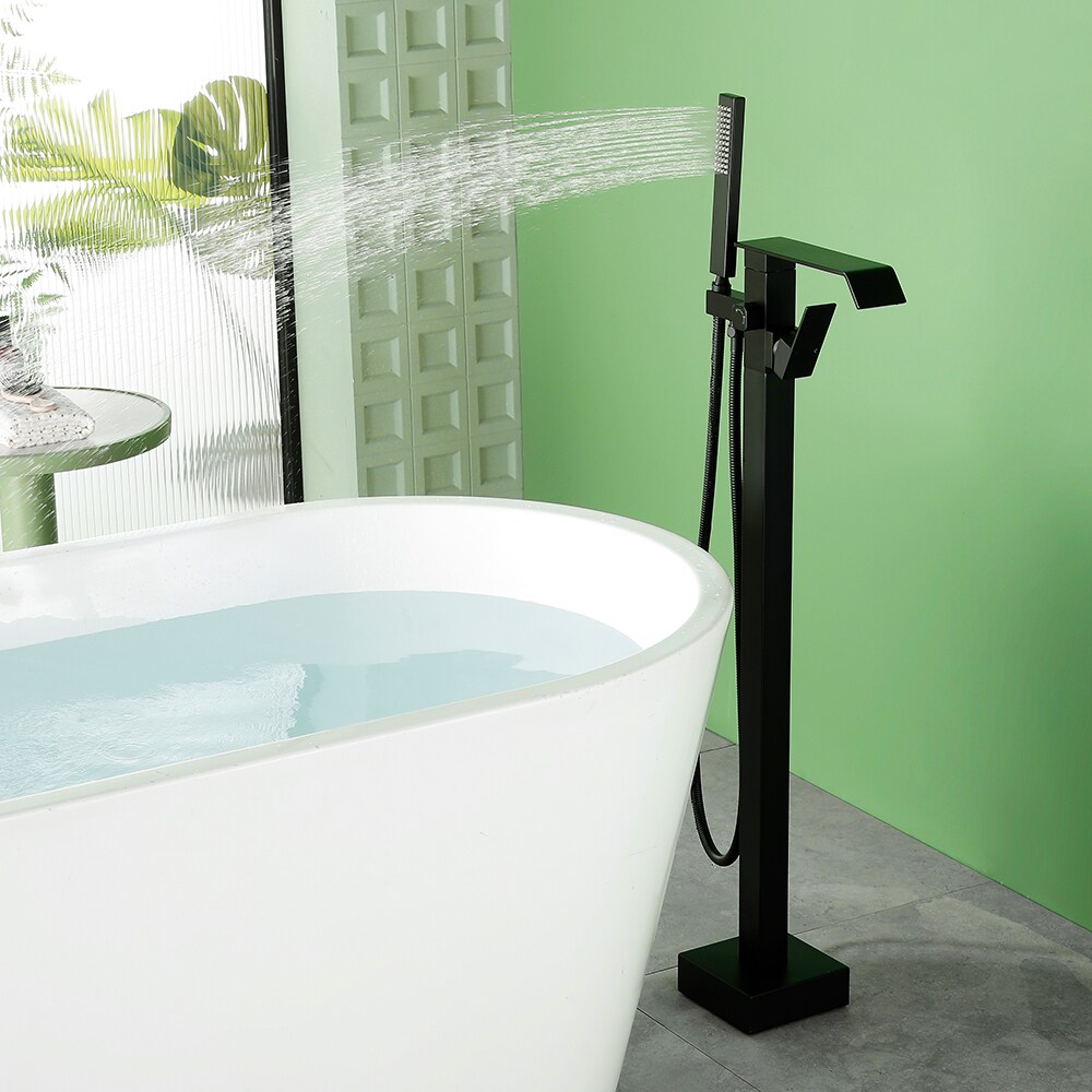 WELLFOR Matte Black 1-handle Freestanding Waterfall Bathtub Faucet with Hand Shower ( Valve Included )
