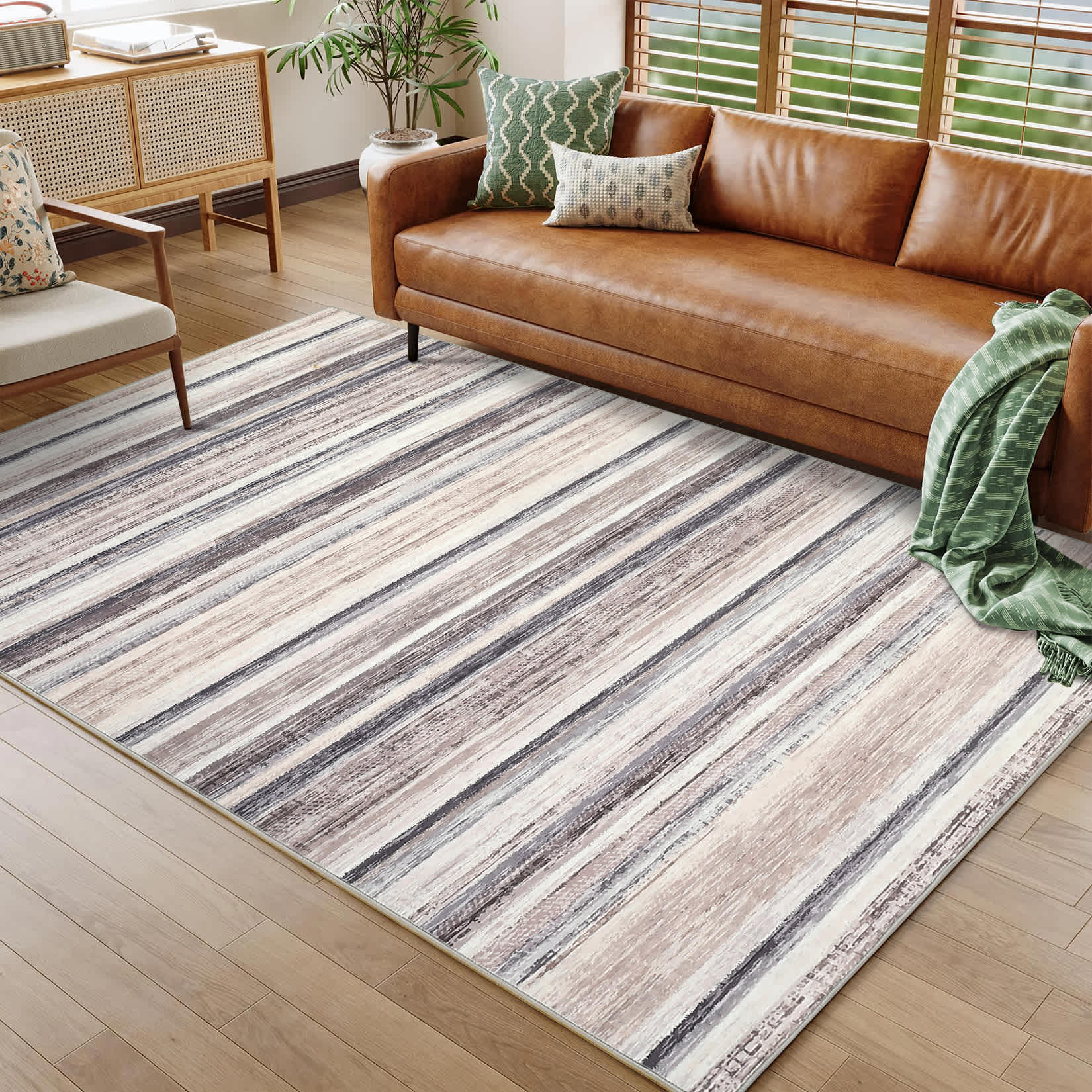 Qeetex MIERUG-PHK-33K4T9AC 6 x 9 ft Polyester Taupe Rectangular Living Room Bedroom Dining Room Geometric Stripped Lines Print Soft Non Slip Modern Machine Washable Area Rug