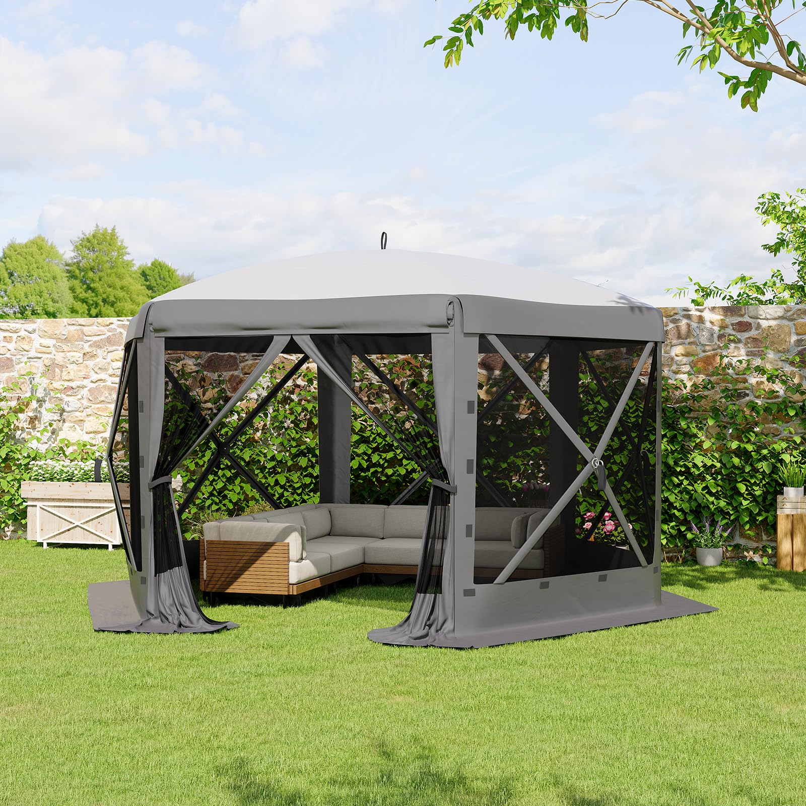 IdealHouse 12FT Outdoor Collapsible Gazebo with Mosquito Netting and Removable Wind Cloths Gazebo 6-Sided Full Mesh Netting Easy Setup for Lawn Patio Garden Camping - Grey